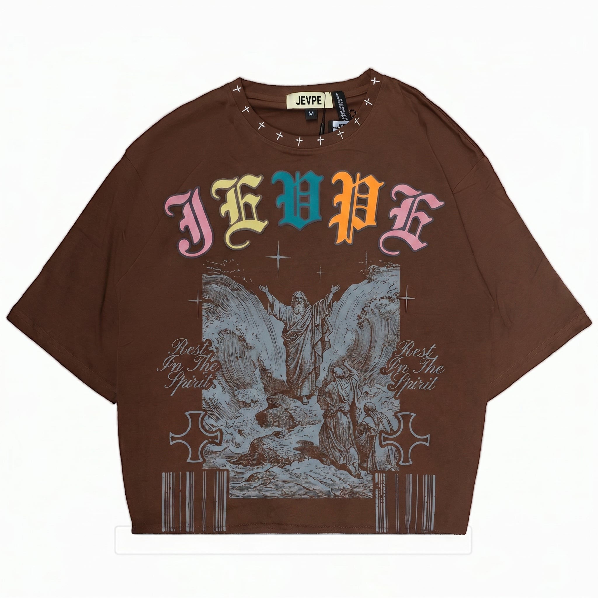 JEVPE oversized T-shirt featuring a vintage gothic biblical scene graphic, streetwear style with religious religious imagery.