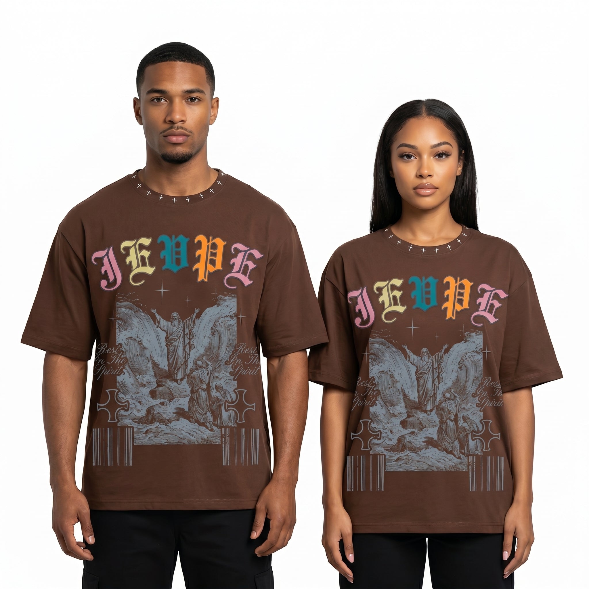 JEVPE oversized T-shirt with biblical scene graphic, vintage gothic religious streetwear style, featuring detailed religious artwork.