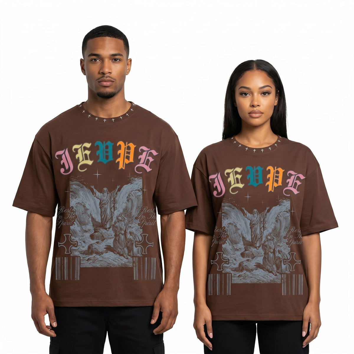JEVPE oversized T-shirt with biblical scene graphic, vintage gothic religious streetwear style, featuring detailed religious artwork.