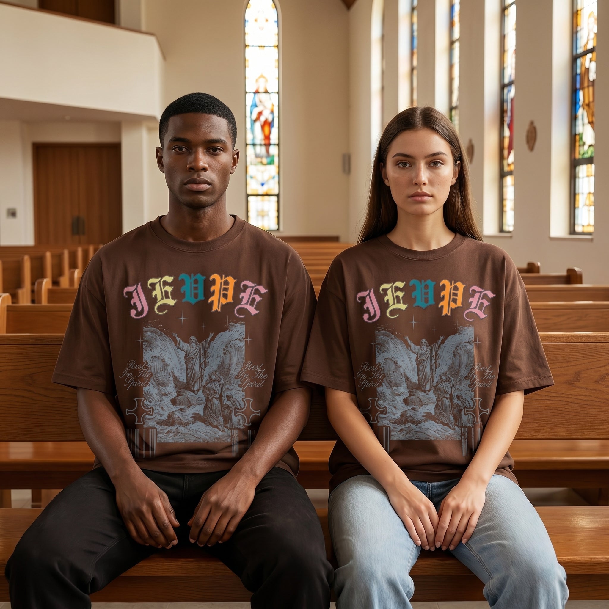 JEVPE oversized T-shirt featuring a vintage biblical scene graphic with gothic religious streetwear style.