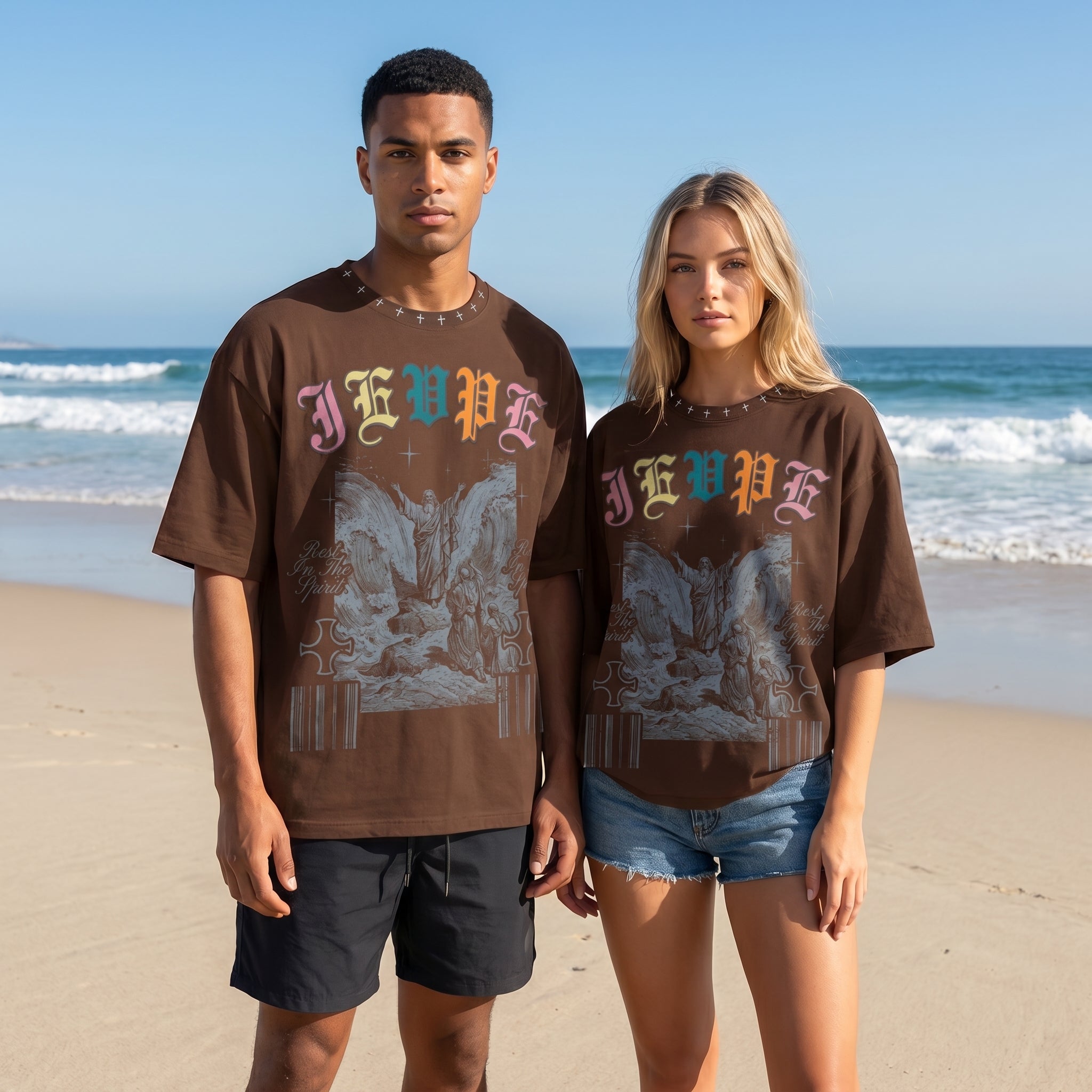 JEVPE oversized T-shirt featuring a vintage gothic biblical scene graphic, streetwear style with religious artwork and bold design.