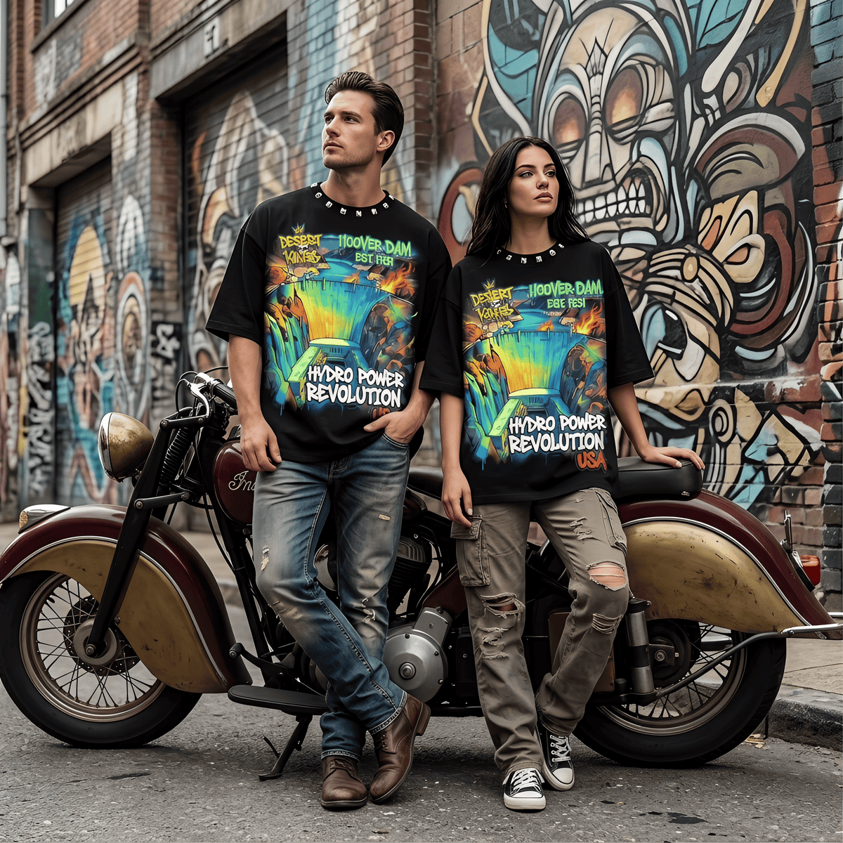 JEVPE Hoover Dam graffiti oversized T-shirt featuring bold American hydro power streetwear design on white fabric.