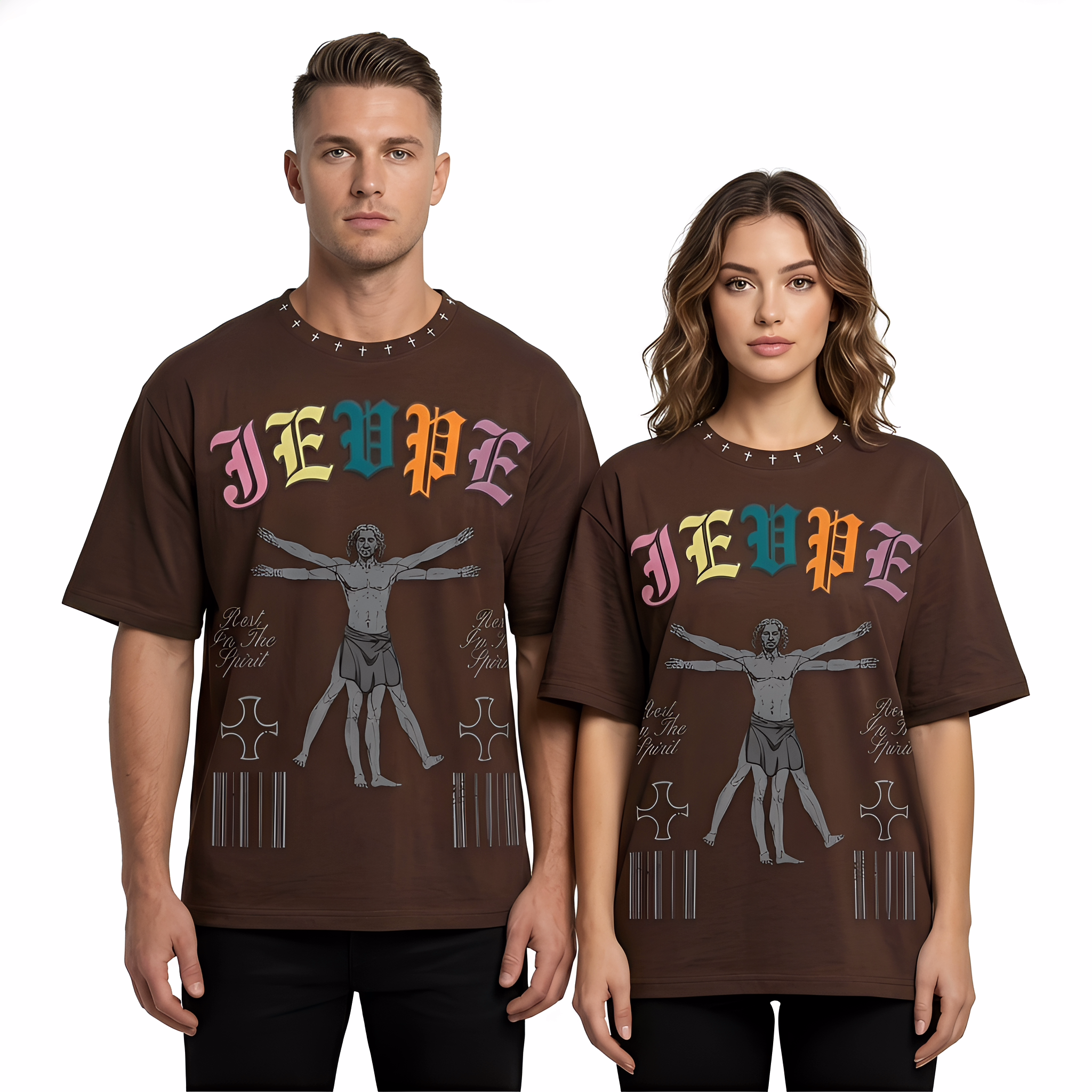 JEVPE Vitruvian Jesus graphic oversized T-shirt featuring vintage gothic streetwear style with a bold artistic print.