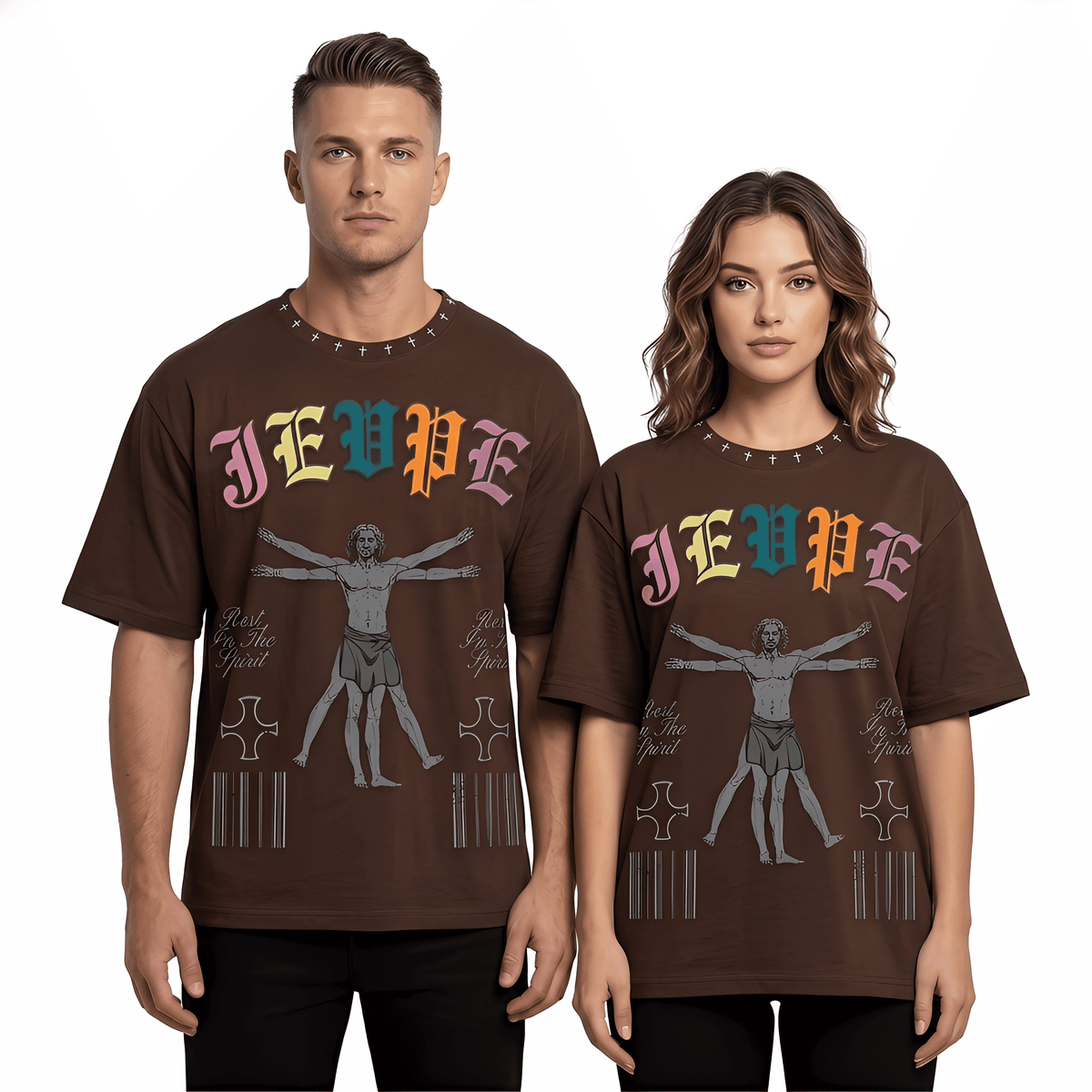 JEVPE Vitruvian Jesus graphic oversized T-shirt featuring vintage gothic streetwear style with a bold artistic print.