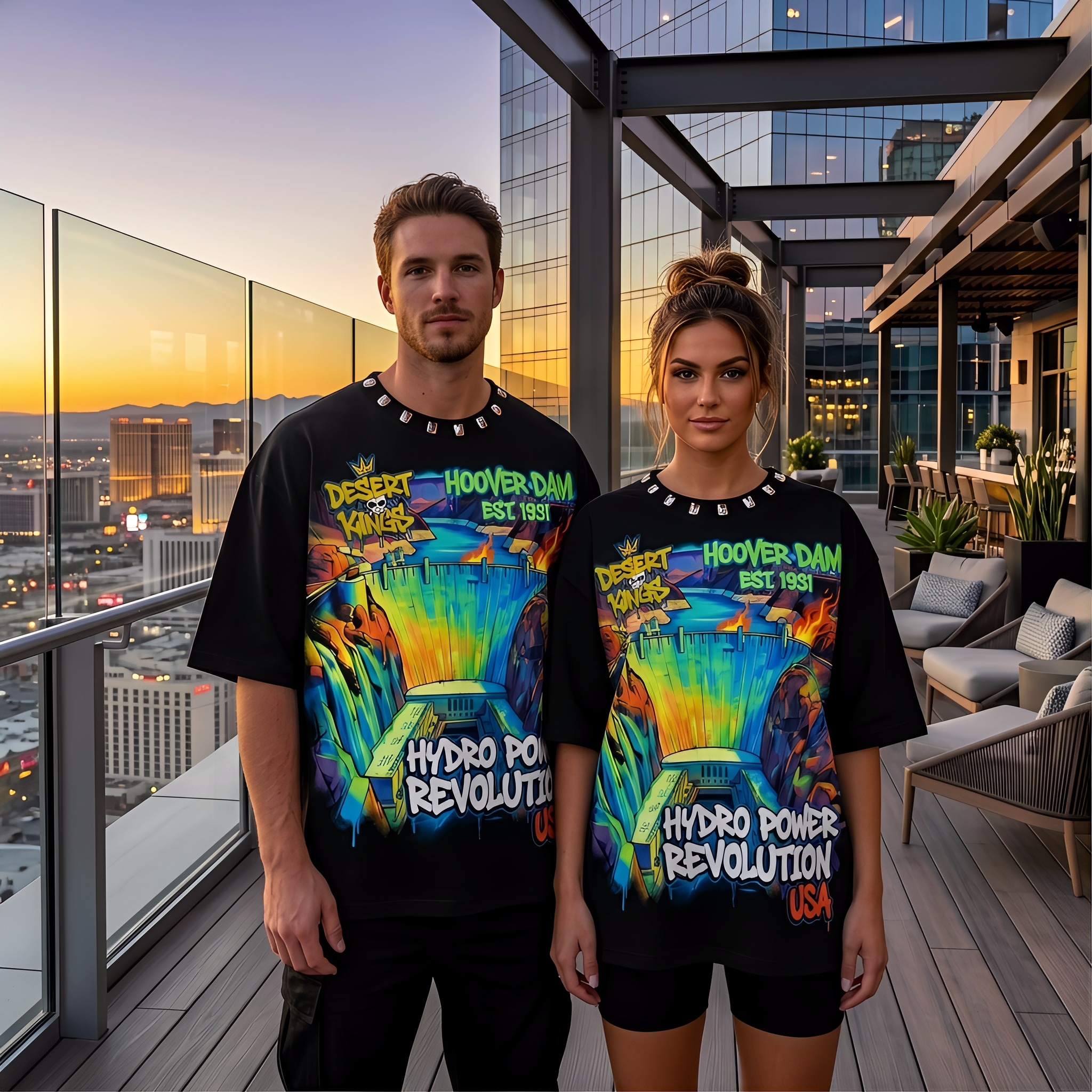 JEVPE Hoover Dam graffiti oversized T-shirt featuring bold dam artwork and streetwear style in a casual fit.