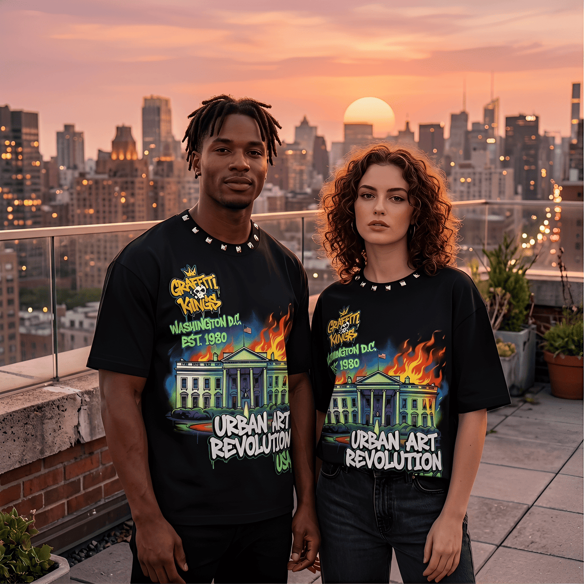 White oversized T-shirt featuring urban graffiti art design by JEVPE, styled for streetwear fashion.