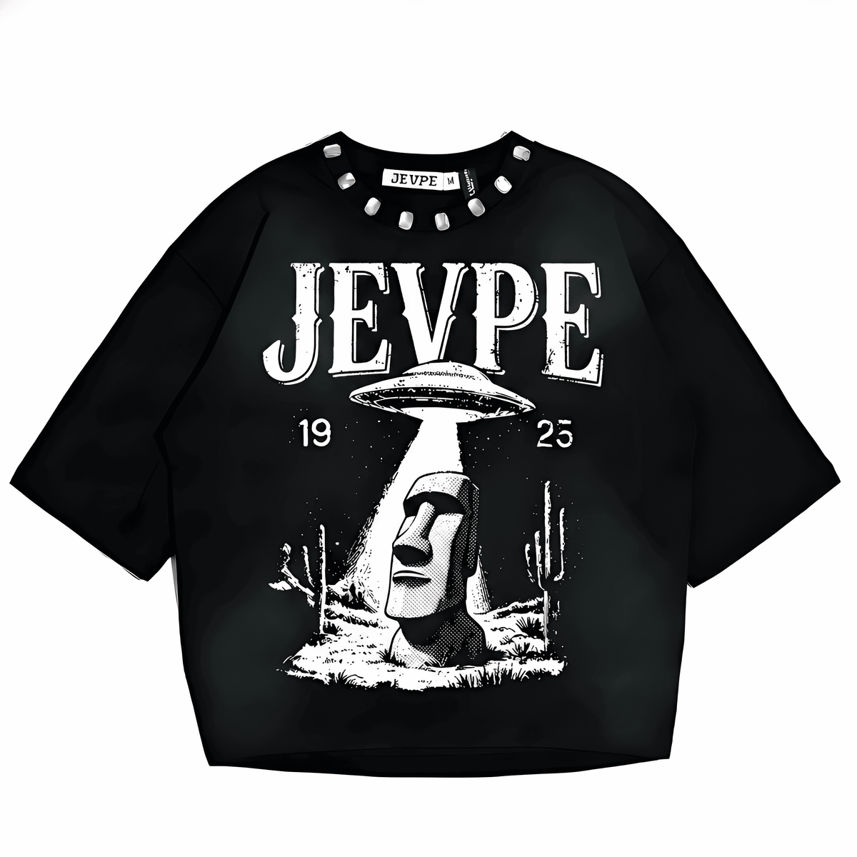 JEVPE UFO Moai graphic oversized T-shirt featuring retro sci-fi streetwear style with vibrant Moai and UFO print.