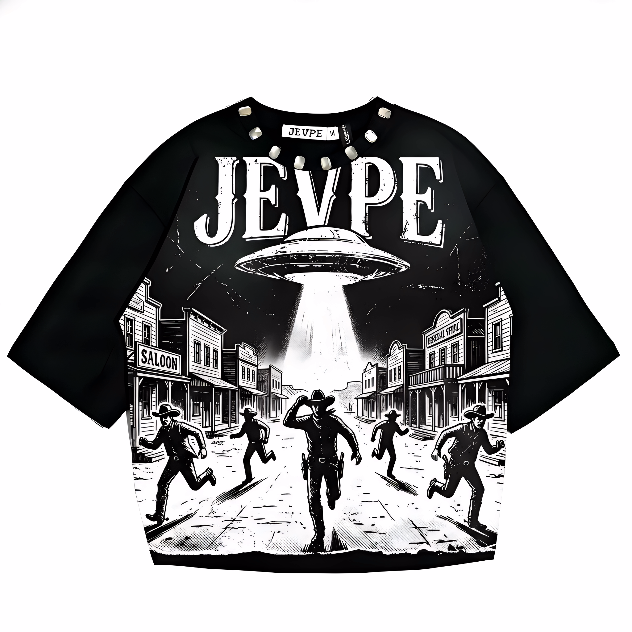 JEVPE UFO Western Cowboy graphic oversized T-shirt featuring retro sci-fi streetwear design with a UFO and cowboy illustration.