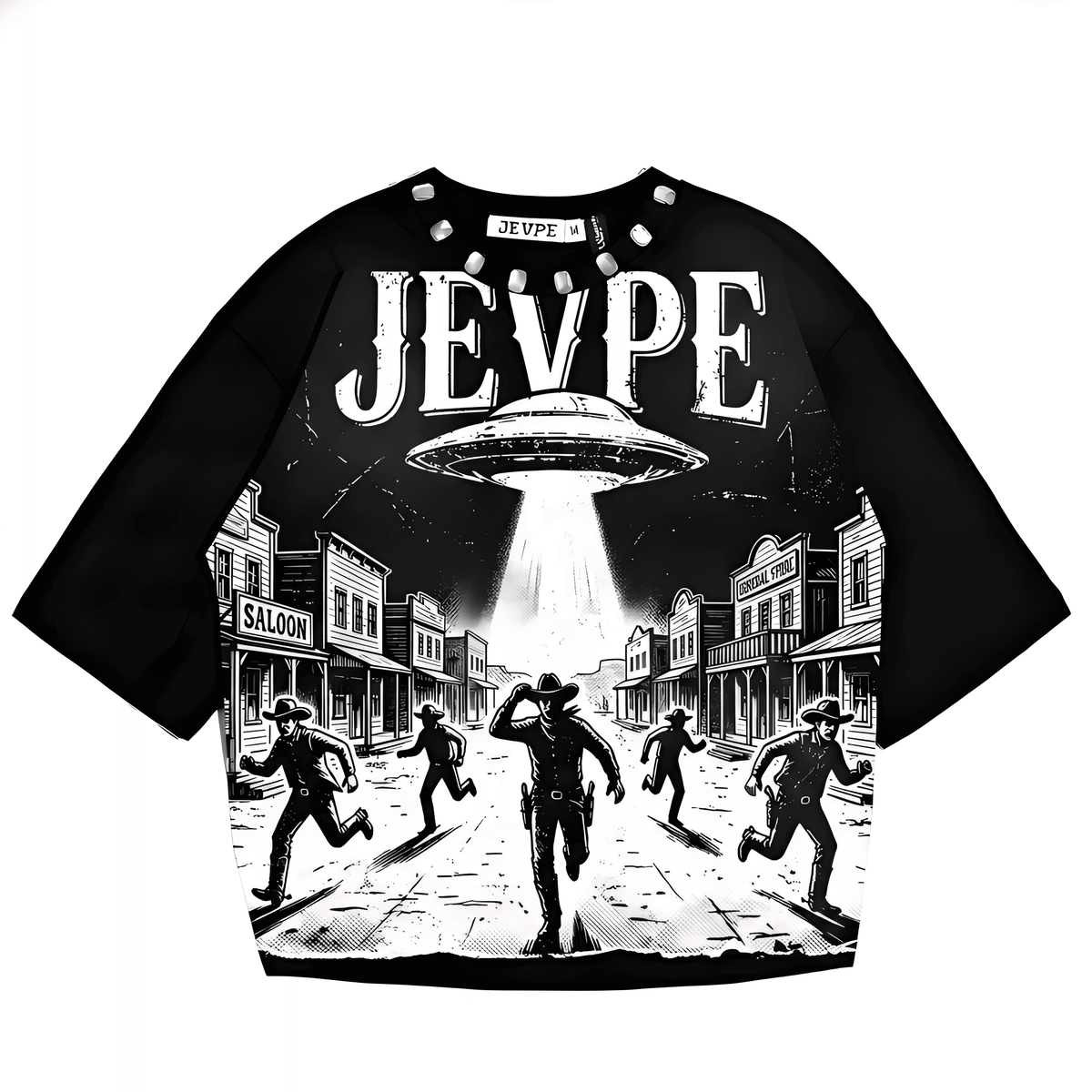 JEVPE UFO Western Cowboy graphic oversized T-shirt featuring retro sci-fi streetwear design with a UFO and cowboy illustration.