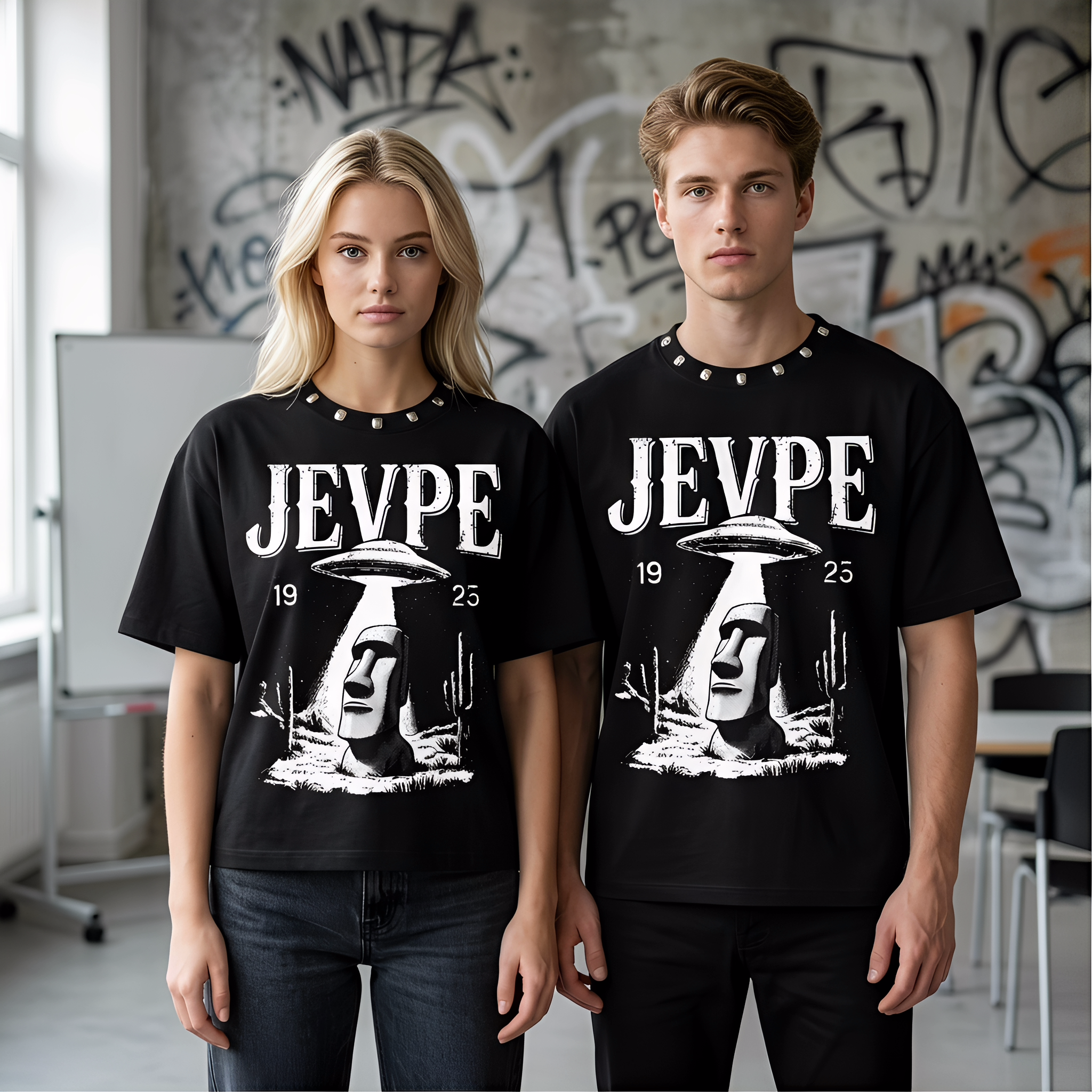 JEVPE UFO Moai graphic oversized T-shirt featuring retro sci-fi design and streetwear style, with a moon and alien motif.