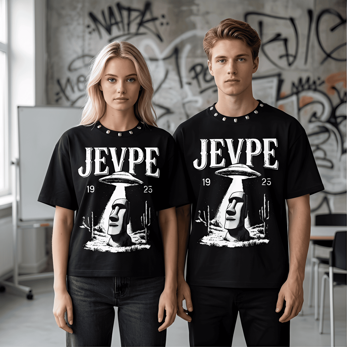 JEVPE UFO Moai graphic oversized T-shirt featuring retro sci-fi design and streetwear style, with a moon and alien motif.