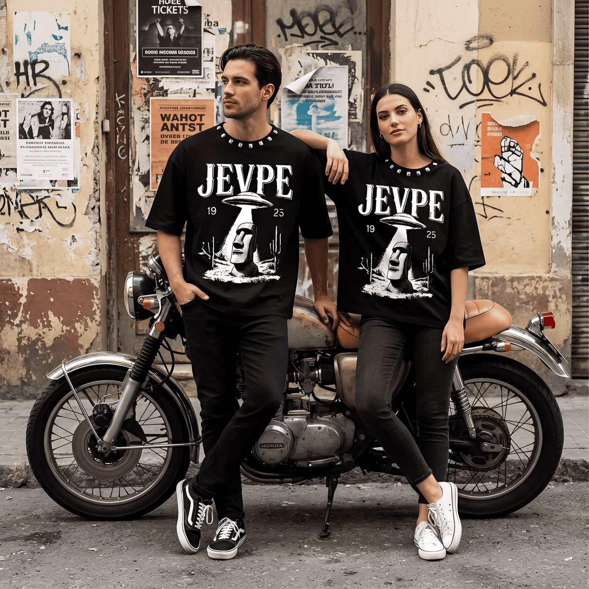 JEVPE UFO Moai graphic oversized T-shirt featuring retro sci-fi streetwear with a UFO and Moai design on the front.
