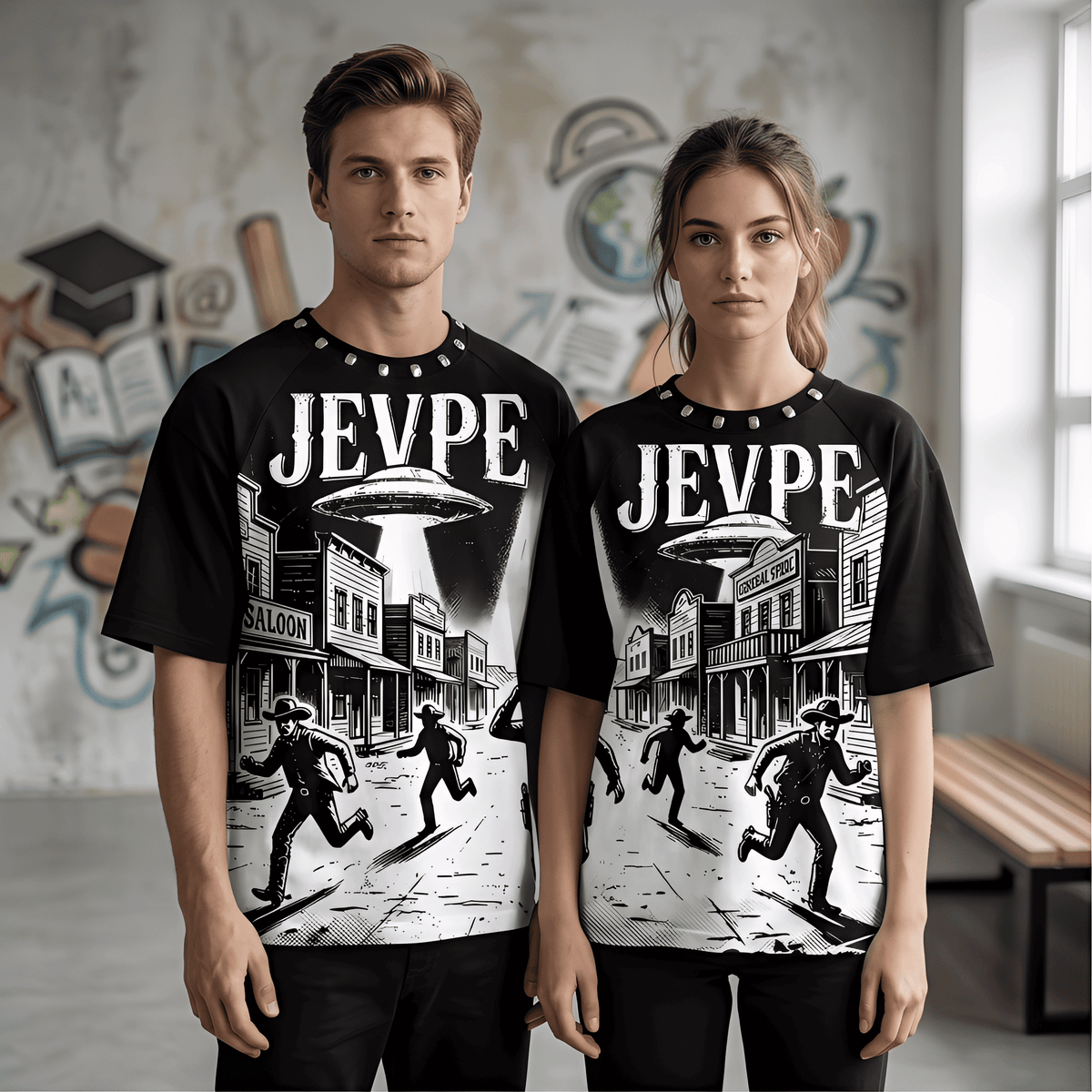 JEVPE UFO Western Cowboy graphic oversized T-shirt featuring retro sci-fi Western design on soft streetwear fabric.