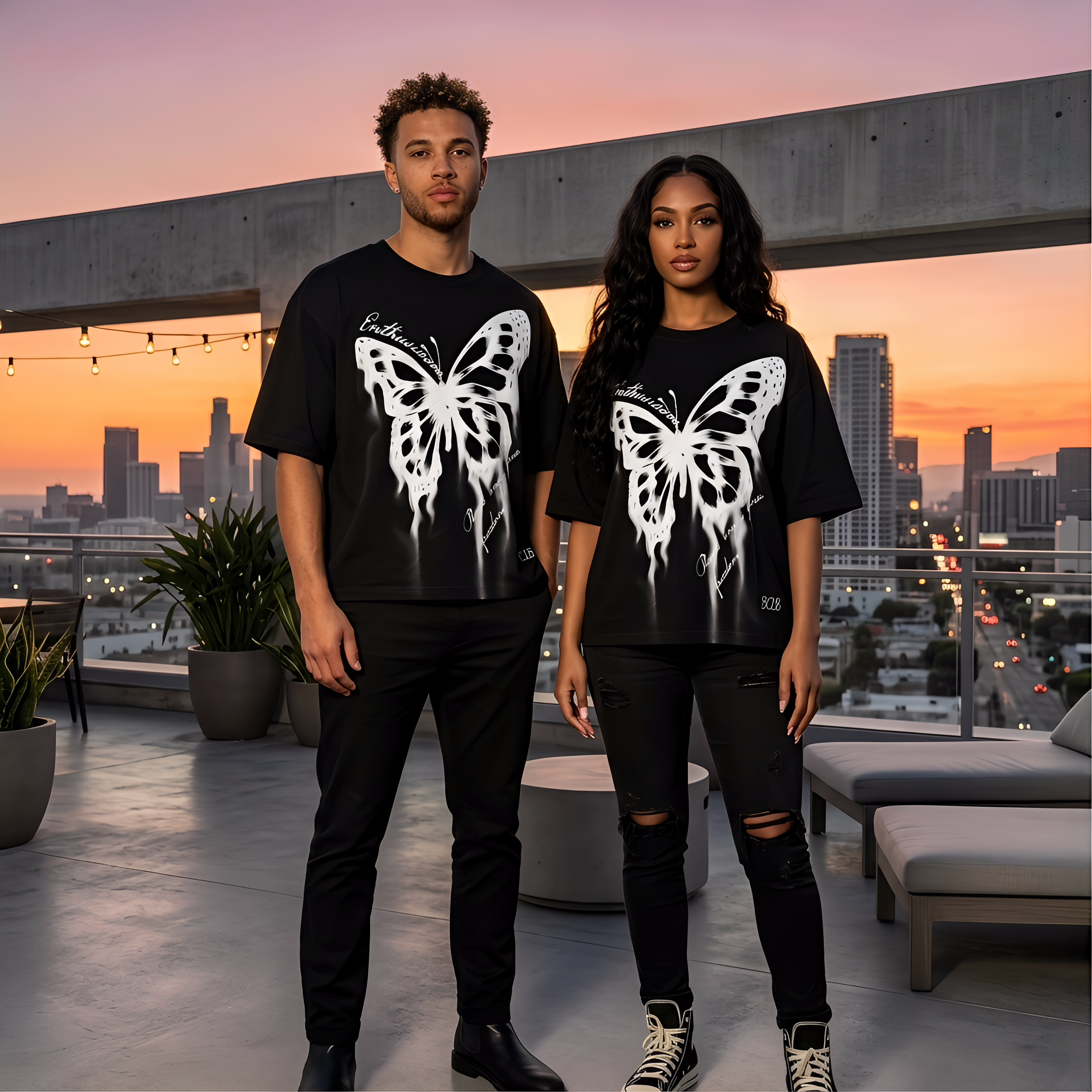JEVPE butterfly gothic oversized T-shirt with edgy streetwear style, featuring a large butterfly graphic on black fabric