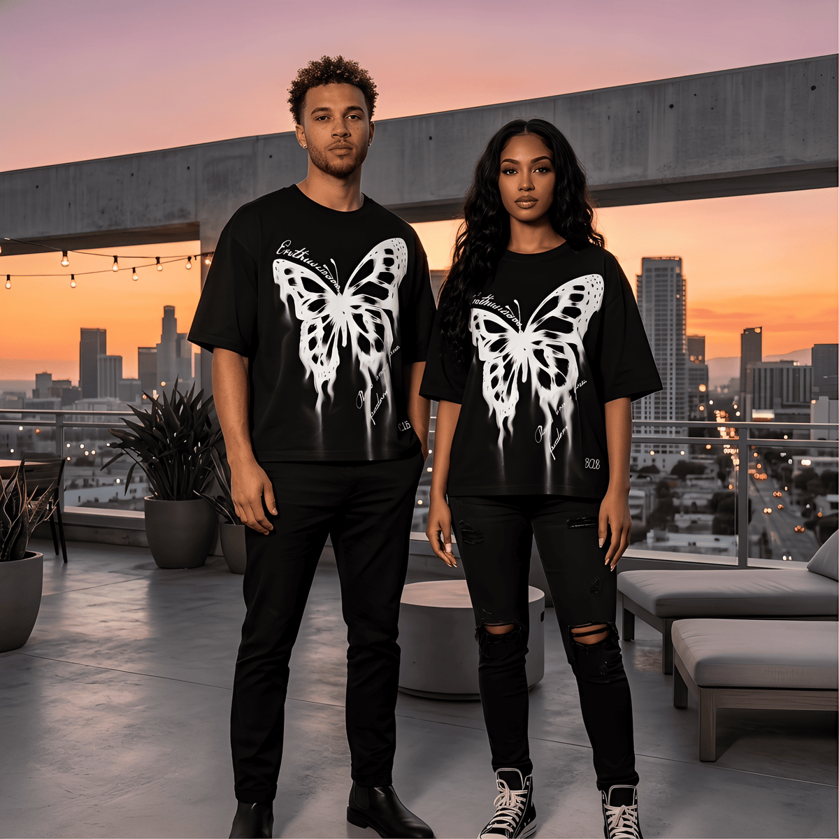 JEVPE butterfly gothic oversized T-shirt with edgy streetwear style, featuring a large butterfly graphic on black fabric