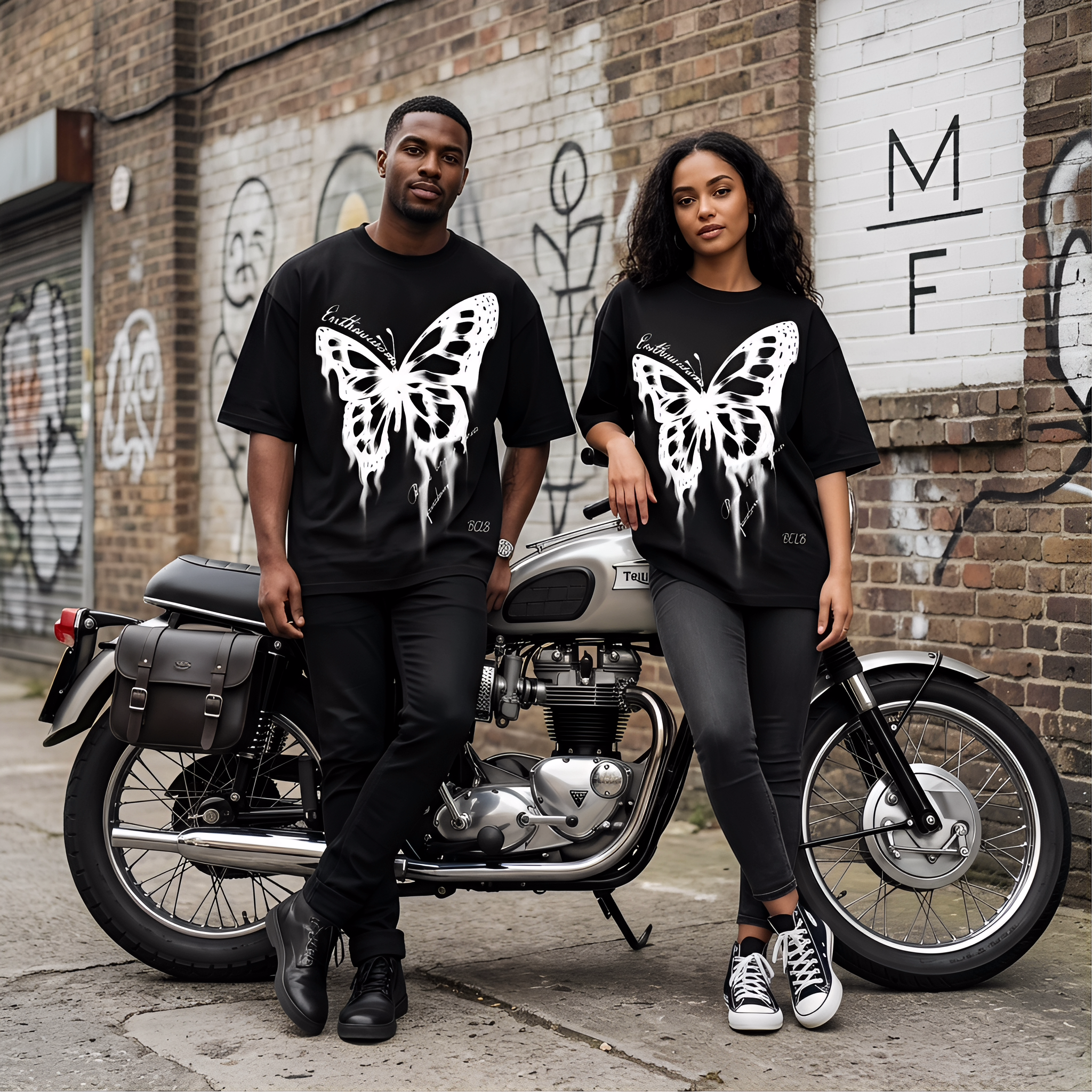Black oversized Gothic T-shirt featuring a white butterfly graphic and edgy streetwear style by JEVPE.