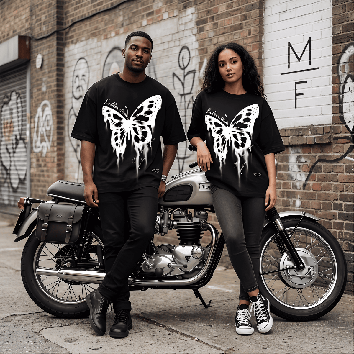 Black oversized Gothic T-shirt featuring a white butterfly graphic and edgy streetwear style by JEVPE.