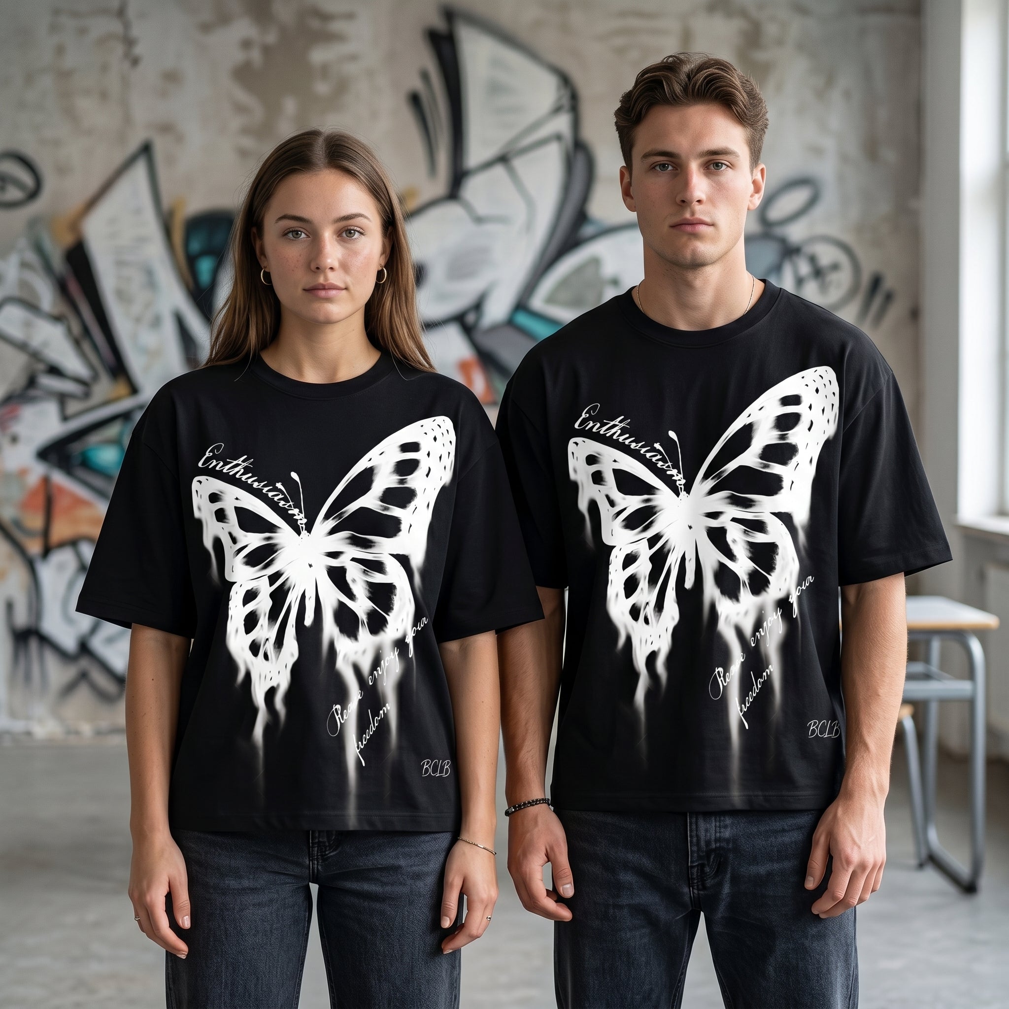 Black oversized T-shirt with a butterfly Gothic graphic design from JEVPE, featuring edgy streetwear style and bold aesthetic details.