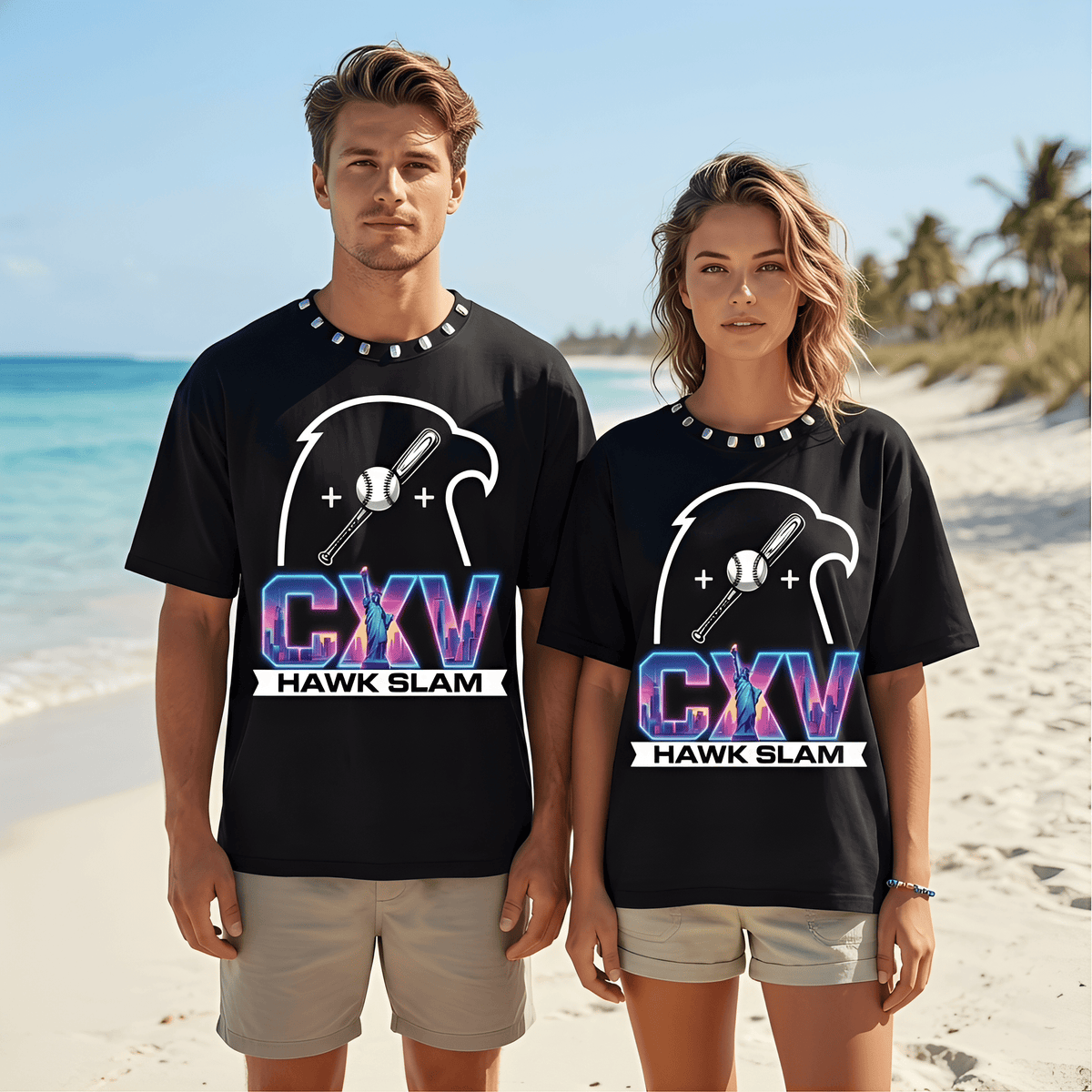 JEVPE CXV Hawk Slam baseball graphic oversized T-shirt featuring bold NYC sports streetwear design and vibrant graphic print.