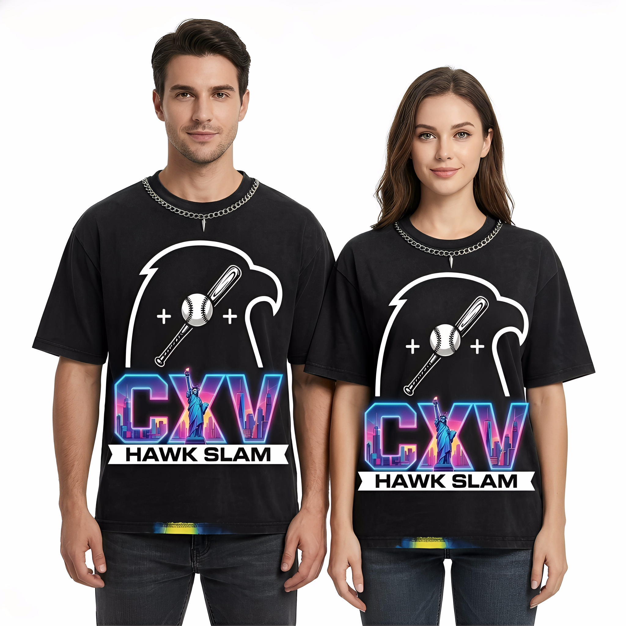 JEVPE CXV Hawk Slam oversized baseball graphic T-shirt featuring bold sports-inspired design and streetwear style in black.