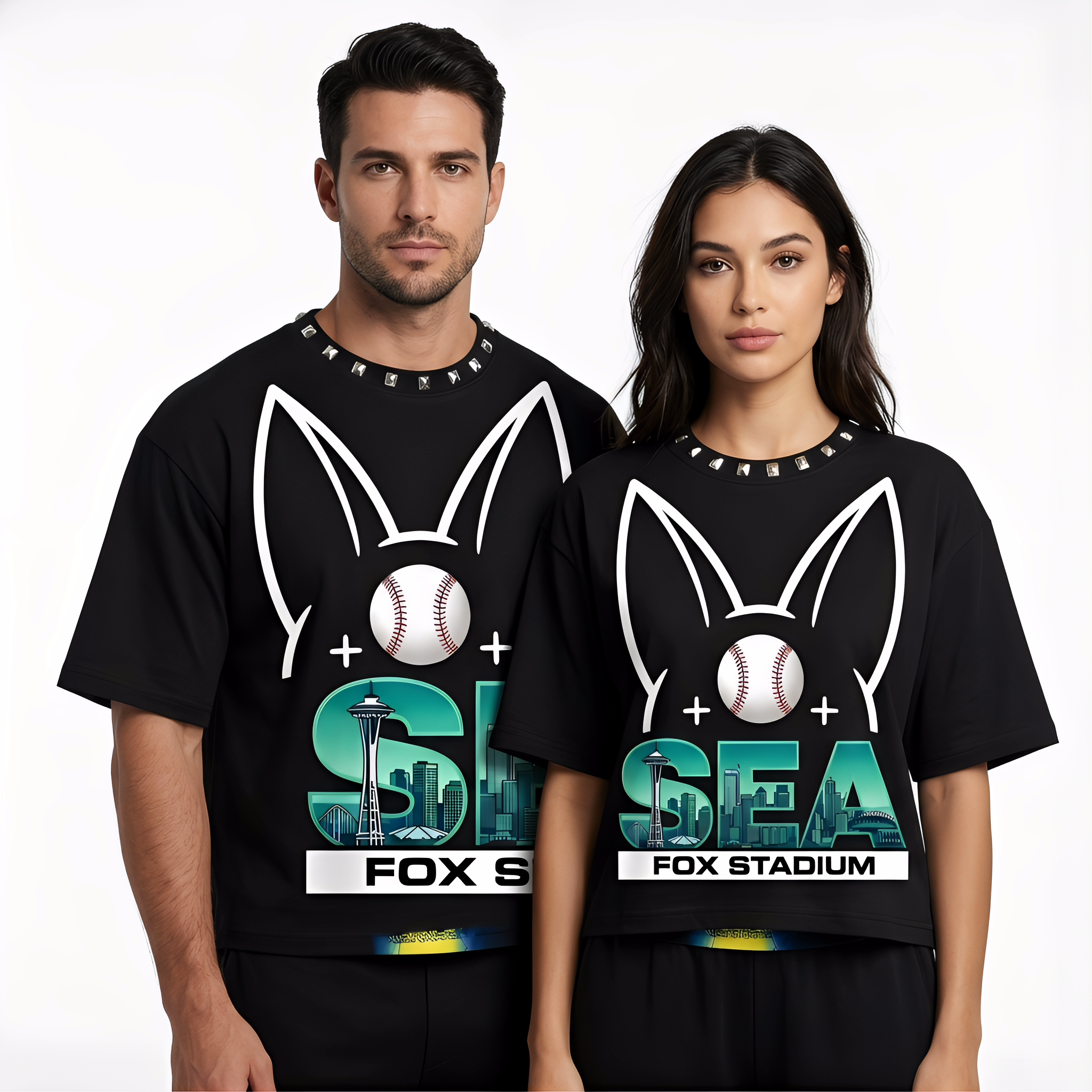 JEVPE Seattle SEA Fox Stadium baseball graphic oversized T-shirt showcasing sports streetwear style and Seattle team logo.