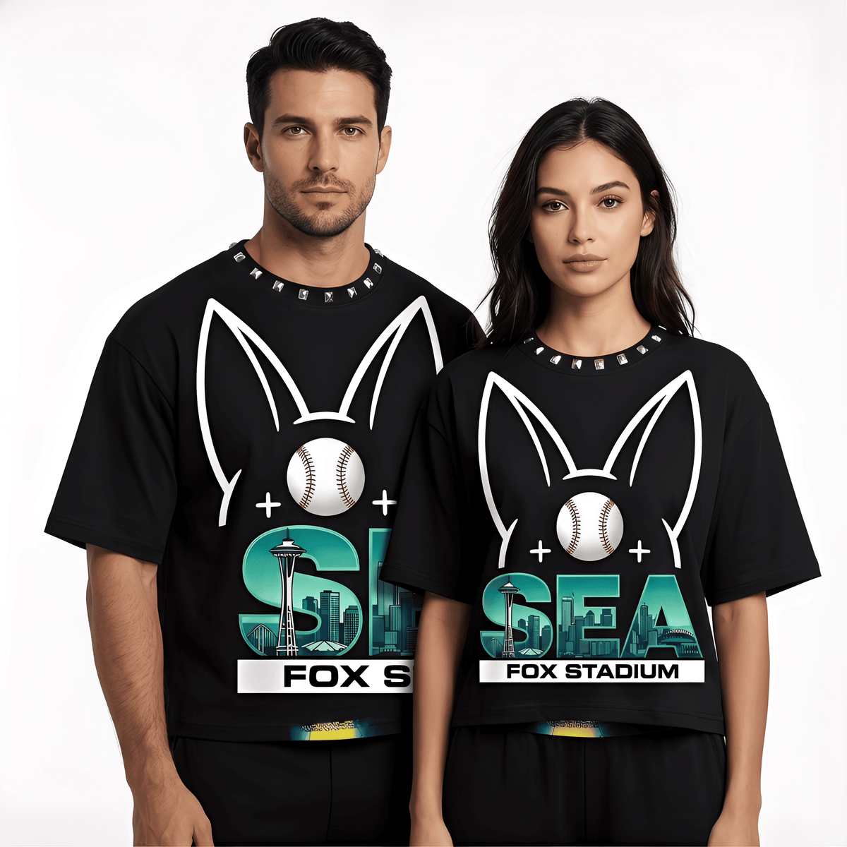JEVPE Seattle SEA Fox Stadium baseball graphic oversized T-shirt showcasing sports streetwear style and Seattle team logo.
