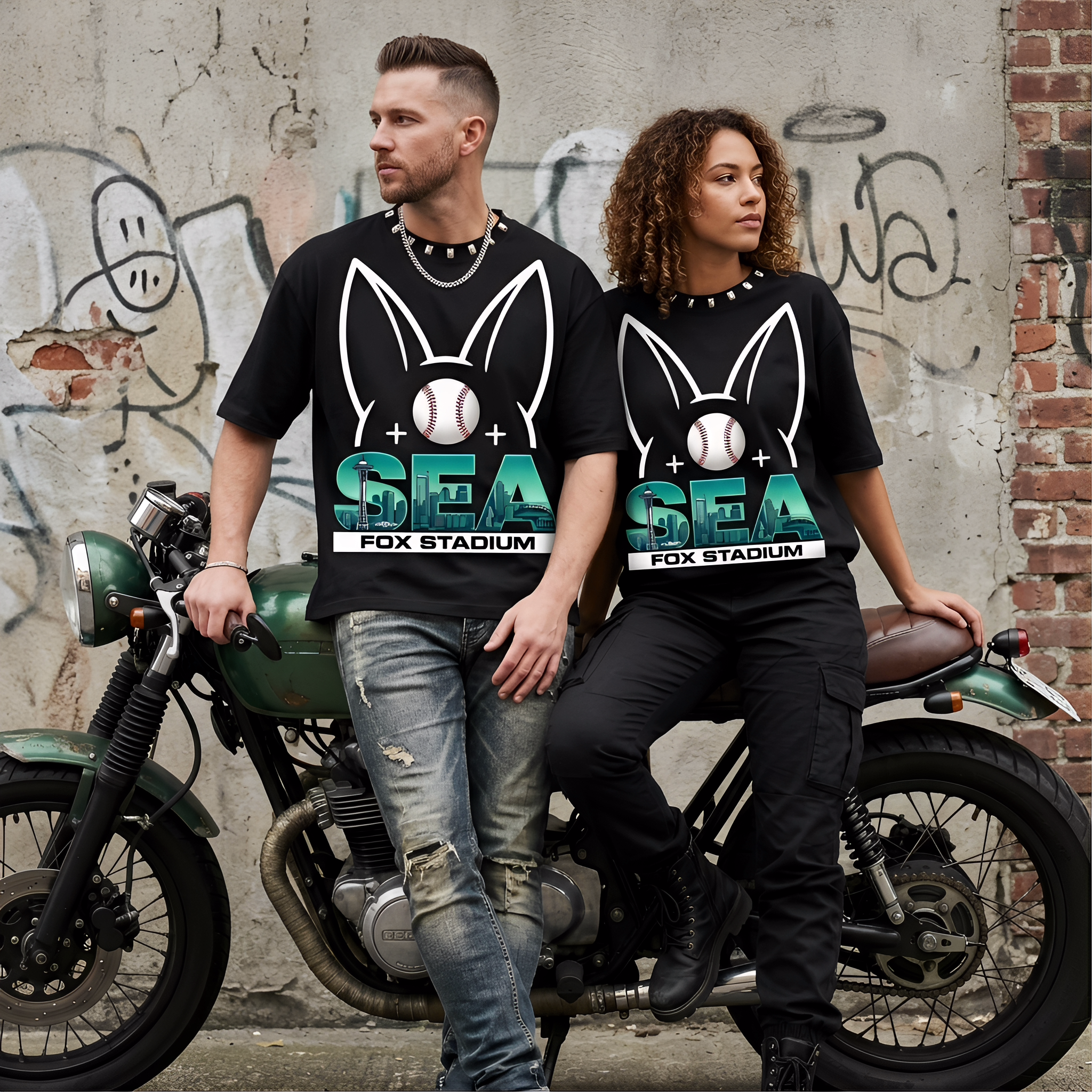 JEVPE Seattle SEA Fox Stadium oversized baseball graphic T-shirt featuring city skyline and sports-themed design.