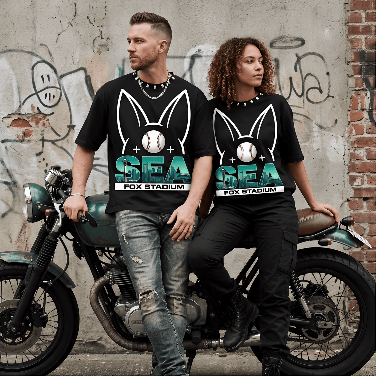 JEVPE Seattle SEA Fox Stadium oversized baseball graphic T-shirt featuring city skyline and sports-themed design.