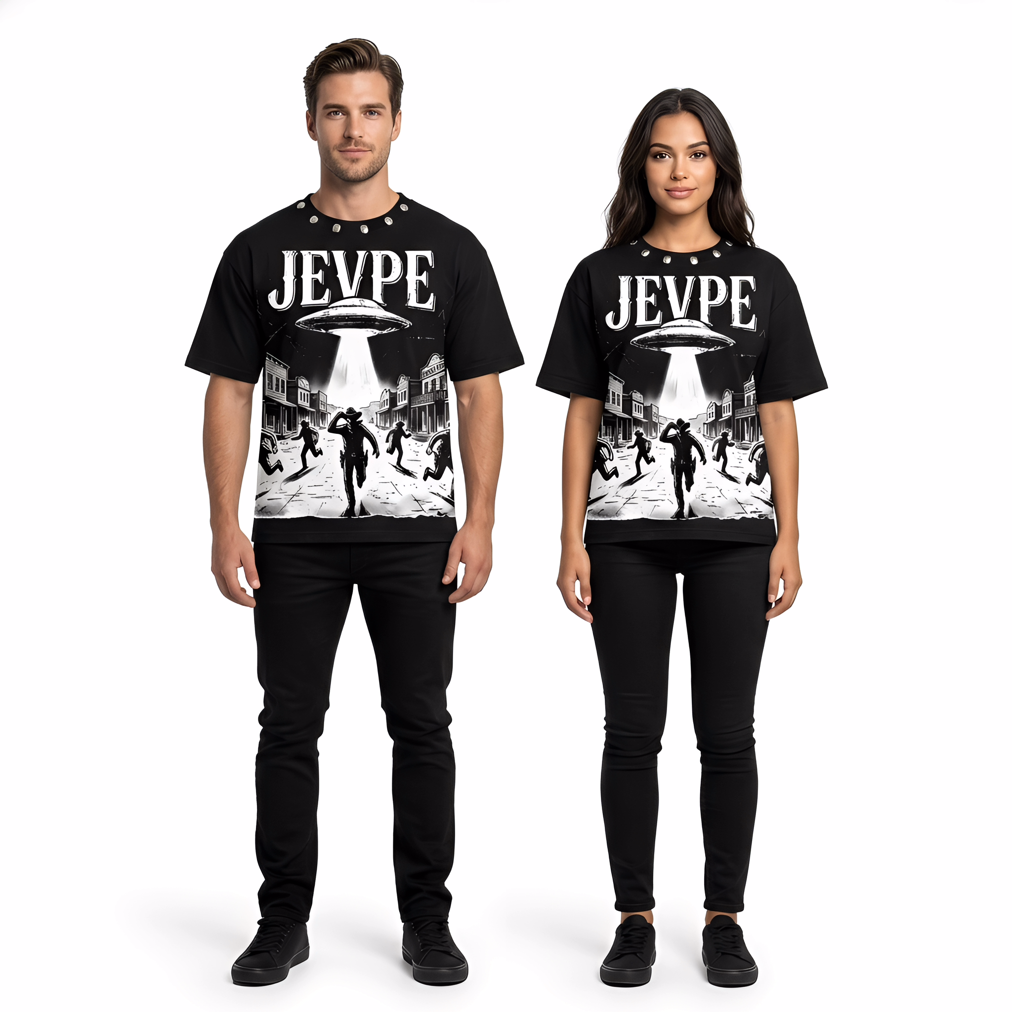 JEVPE UFO Western Cowboy graphic oversized T-shirt featuring retro sci-fi streetwear style with vibrant alien and cowboy design.