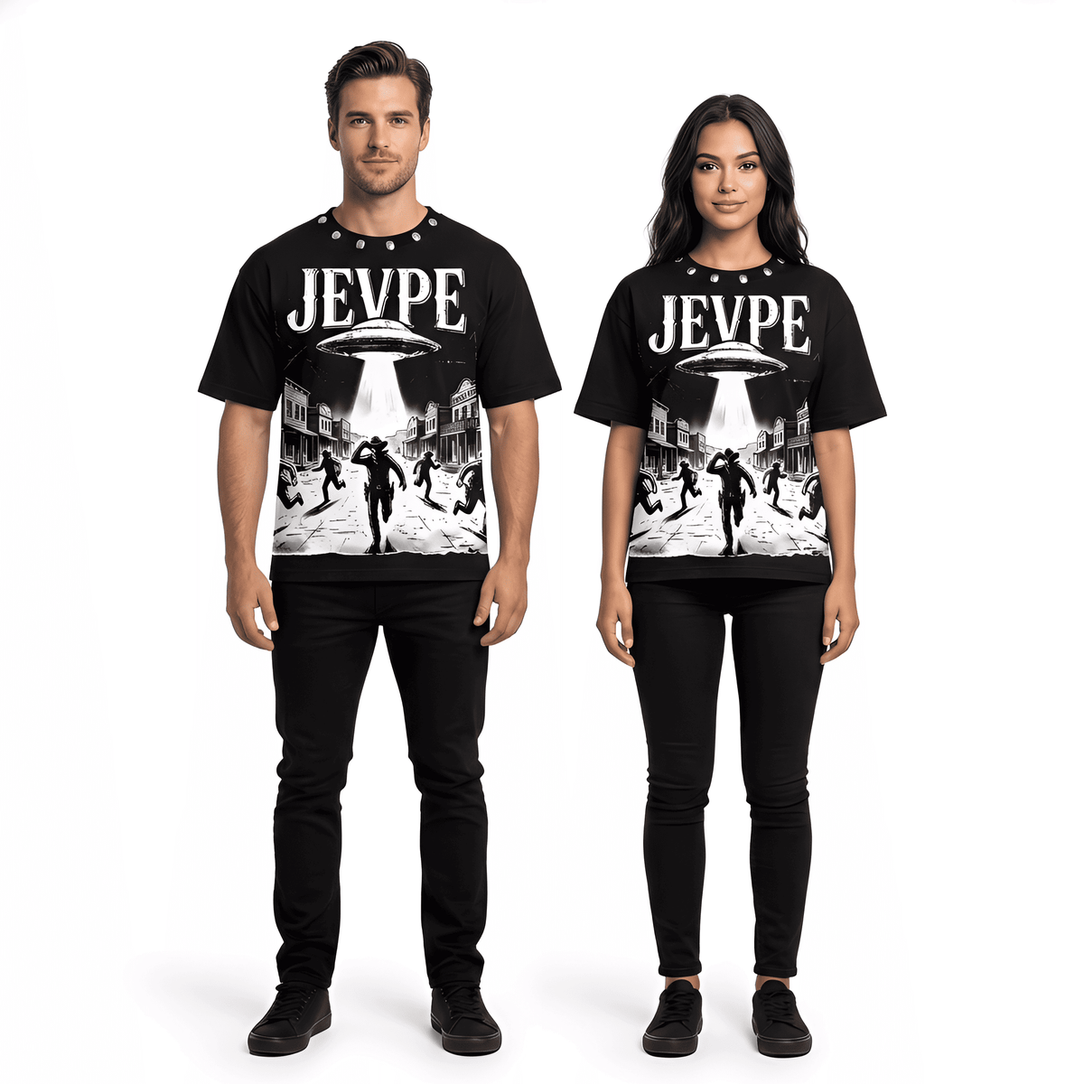 JEVPE UFO Western Cowboy graphic oversized T-shirt featuring retro sci-fi streetwear style with vibrant alien and cowboy design.