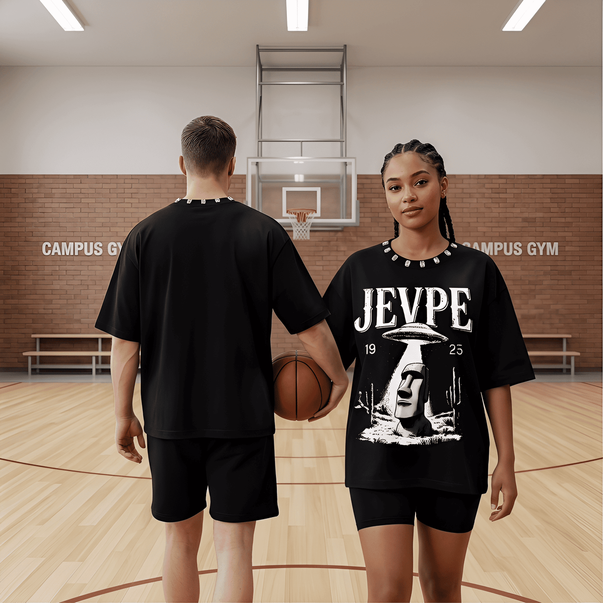 JEVPE UFO Moai graphic oversized T-shirt featuring retro sci-fi streetwear style with vibrant alien and Moai island motifs.