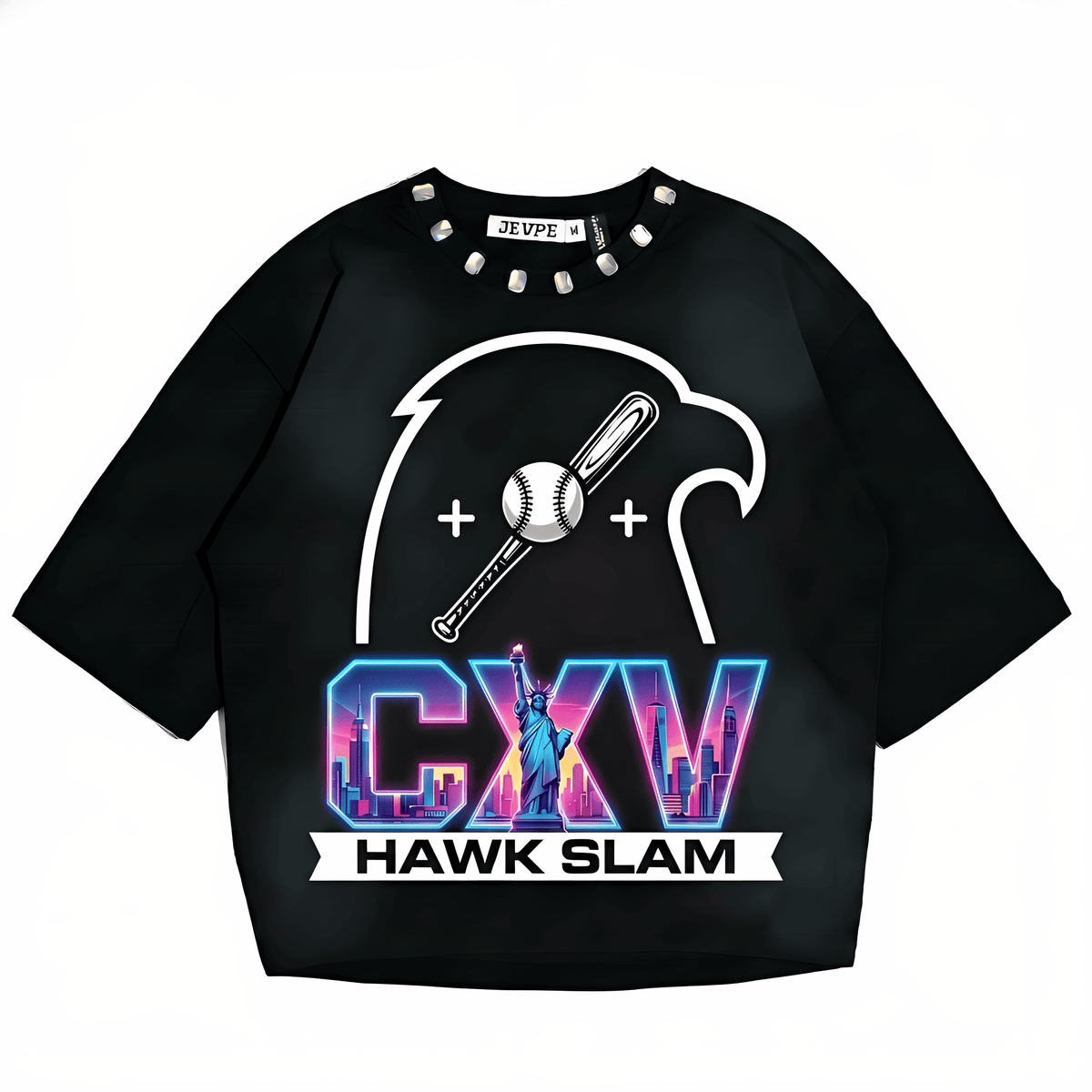 JEVPE CXV Hawk Slam oversized baseball graphic T-shirt featuring bold hawk design, streetwear style, in a relaxed fit.