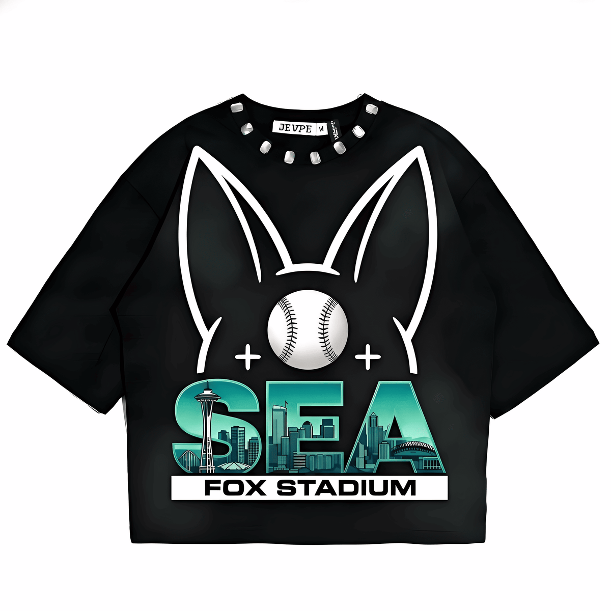 JEVPE Seattle SEA Fox Stadium oversized baseball graphic T-shirt featuring team logo and sports streetwear style.