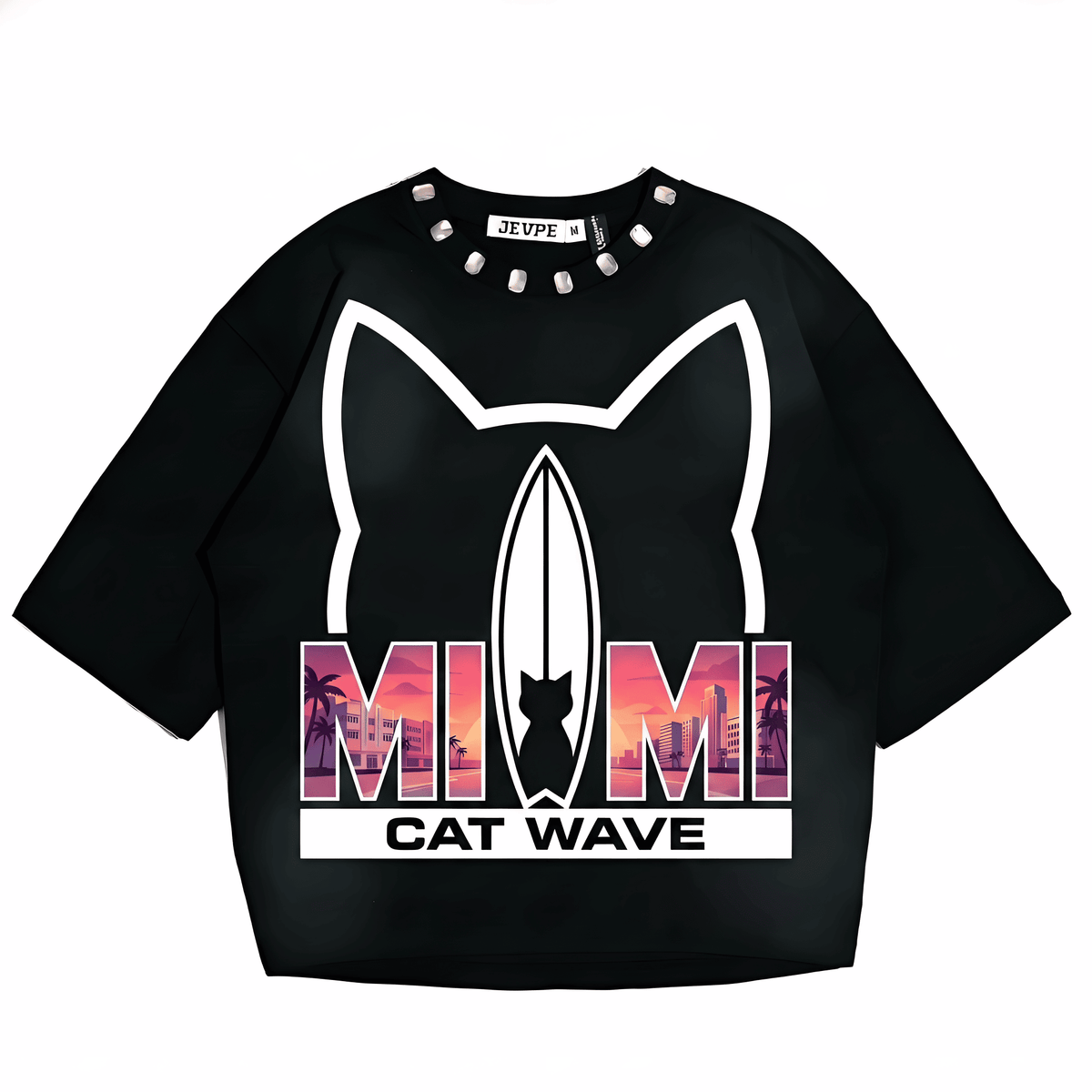 JEVPE Miami Cat Wave Surf oversized T-shirt with Miami Beach streetwear graphic, featuring colorful cat and wave designs on light fabric.