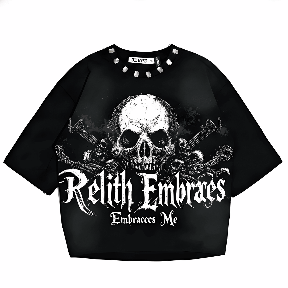 JEVPE Relith Embraces Me Skull Gothic oversized T-shirt featuring a bold skull graphic and edgy rock streetwear style.