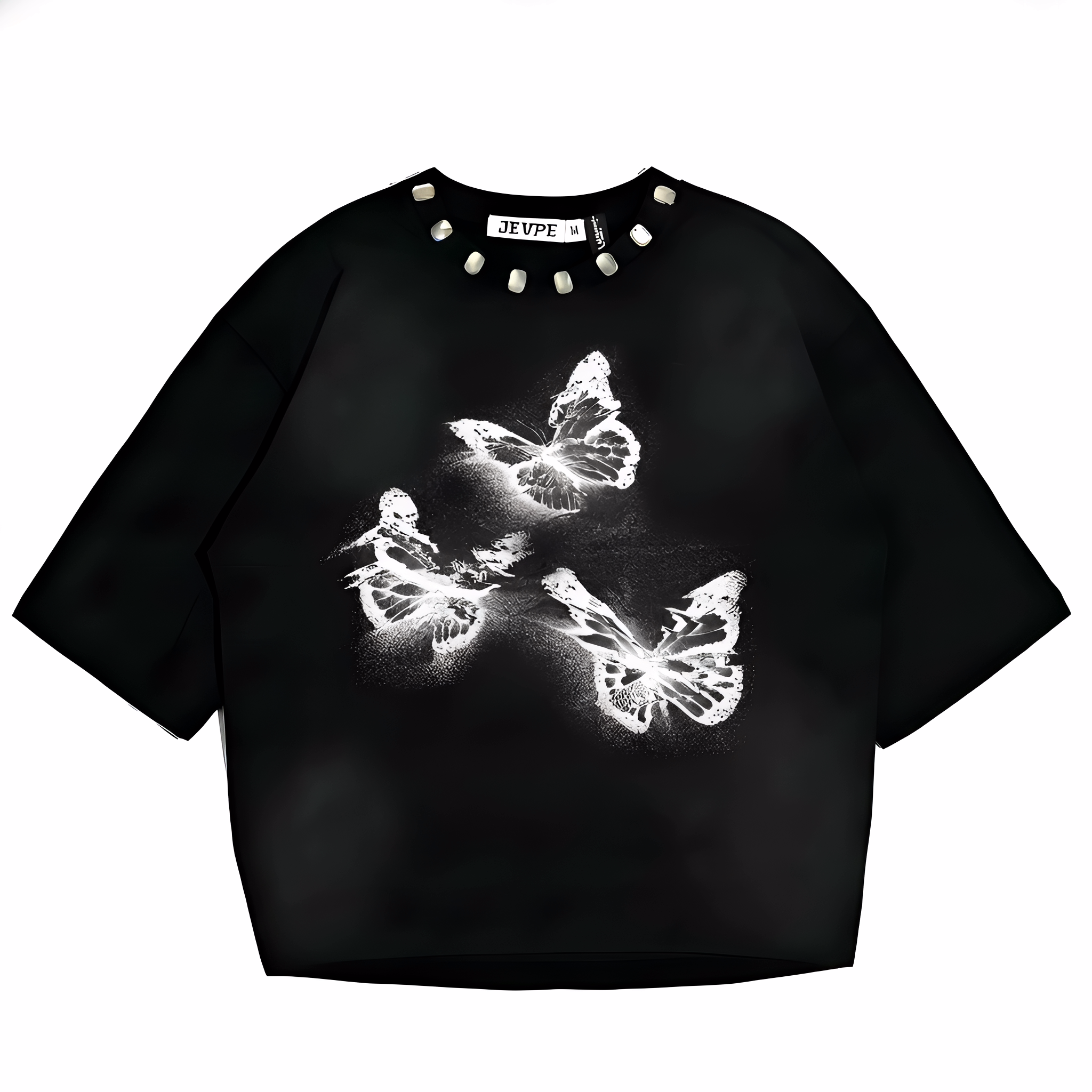 JEVPE Glowing Butterfly oversized T-shirt featuring a vibrant butterfly graphic and edgy streetwear style on soft fabric
