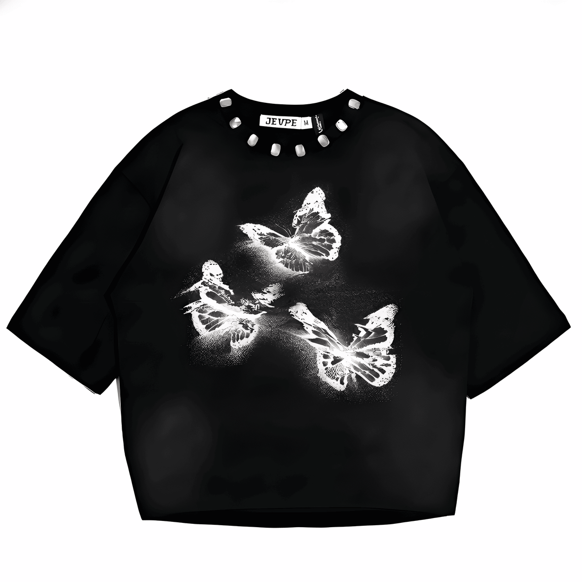 JEVPE Glowing Butterfly oversized T-shirt featuring a vibrant butterfly graphic and edgy streetwear style on soft fabric