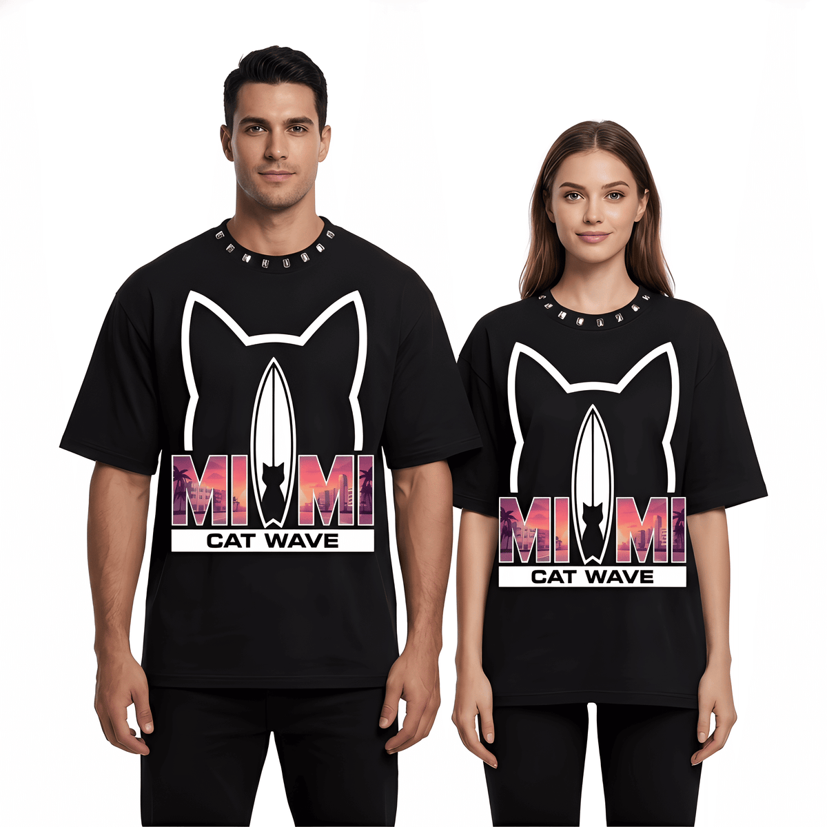 JEVPE Miami Cat Wave Surf oversized T-shirt featuring a colorful Miami Beach streetwear graphic and relaxed fit.