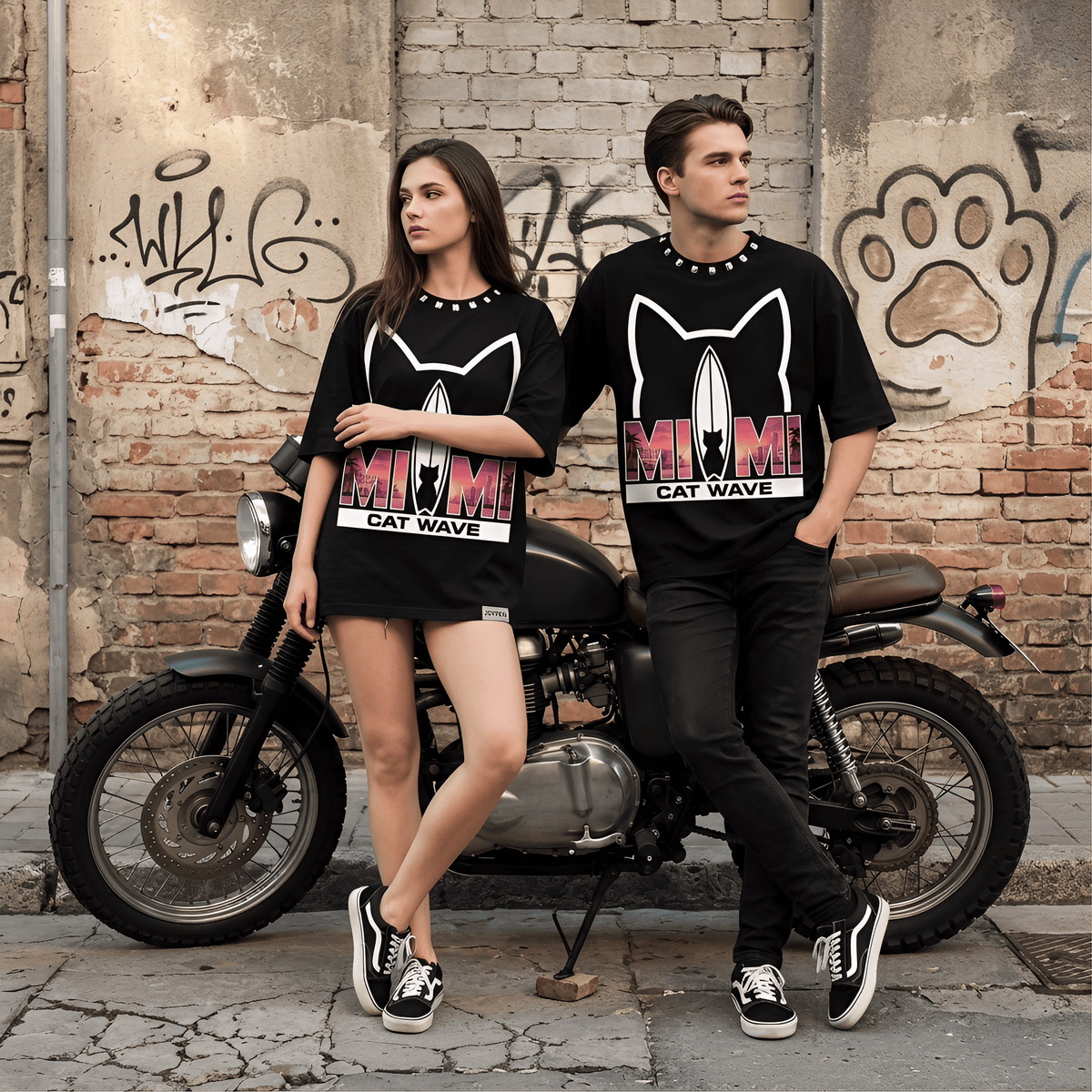 JEVPE Miami Cat Wave Surf oversized T-shirt with Miami Beach streetwear graphic, featuring a vibrant wave and cat design.