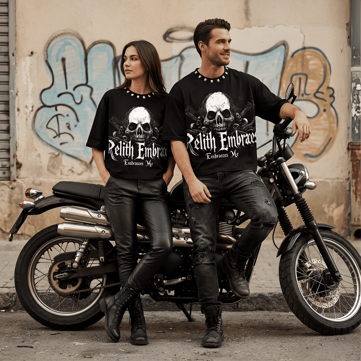JEVPE Relith Embraces Me Skull Gothic oversized T-shirt featuring a bold skull graphic and edgy streetwear style.