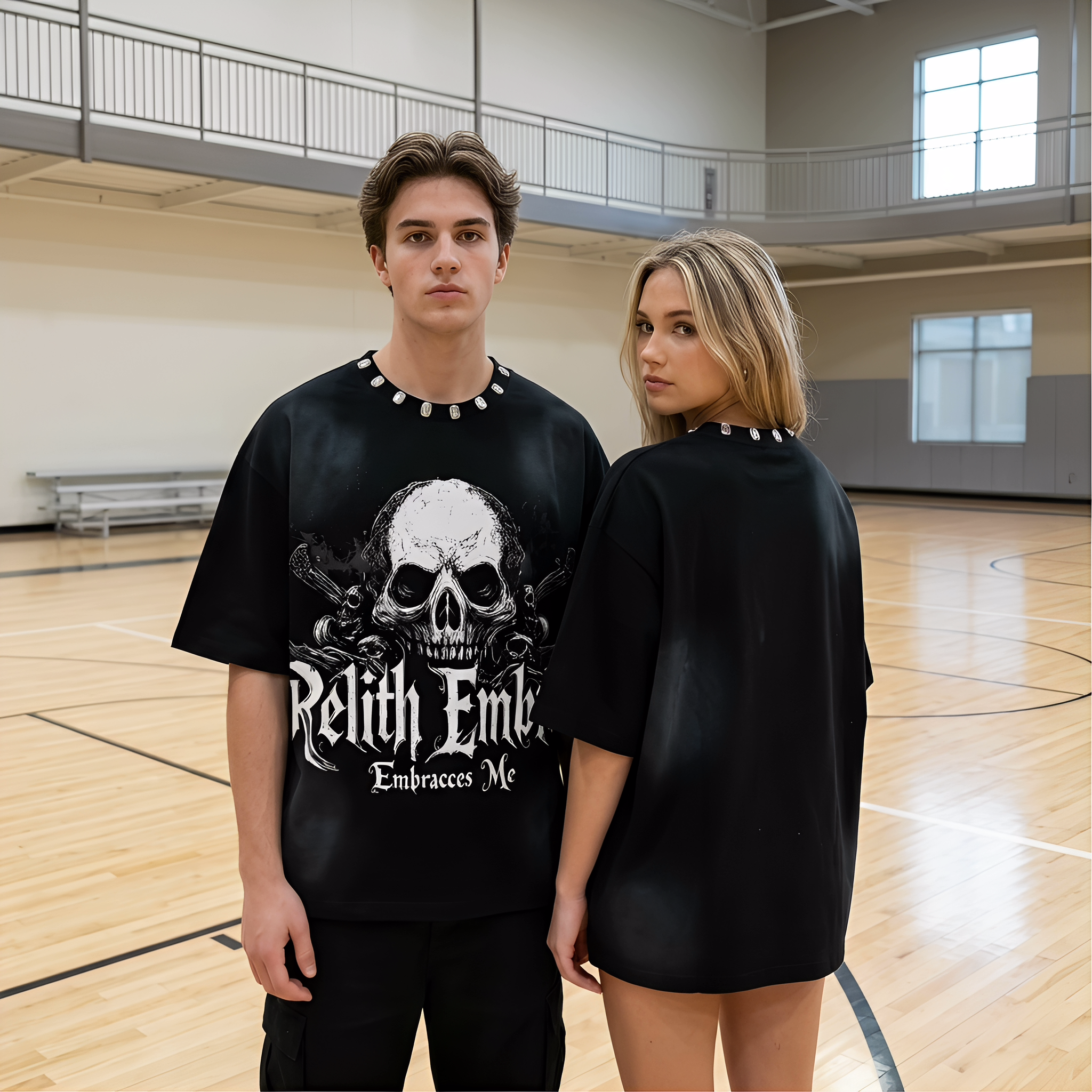 JEVPE Relith Embraces Me Skull Gothic oversized T-shirt featuring a bold skull graphic and edgy rock streetwear style.