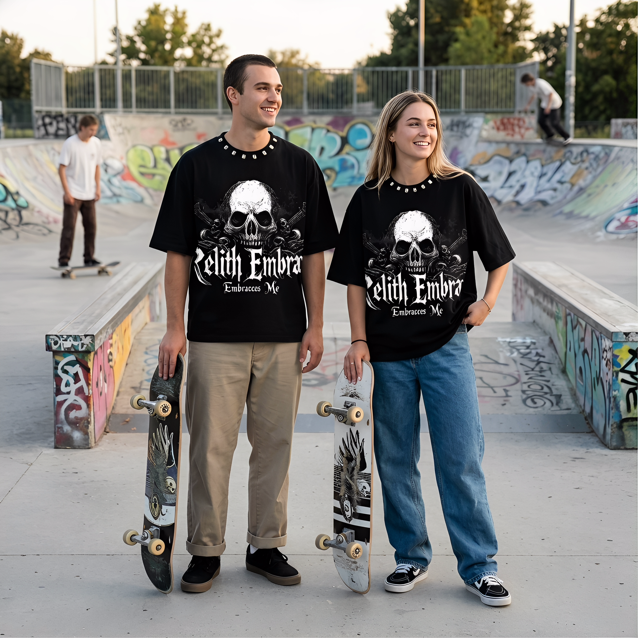 JEVPE Relith Embraces Me Skull Gothic oversized T-shirt featuring a bold skull graphic and edgy rock streetwear style.