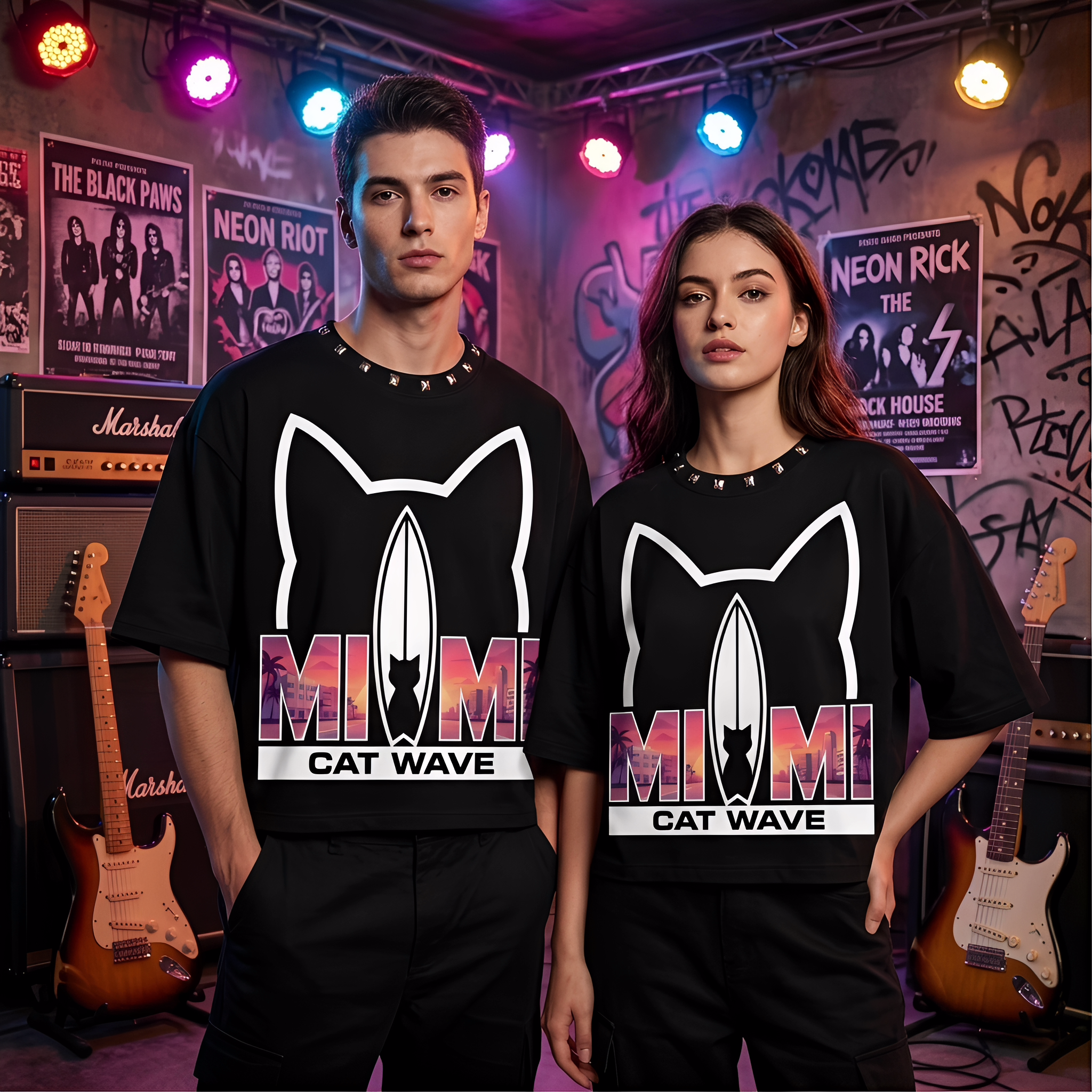 JEVPE Miami Cat Wave Surf oversized T-shirt featuring a graphic print with a Miami Beach streetwear style.