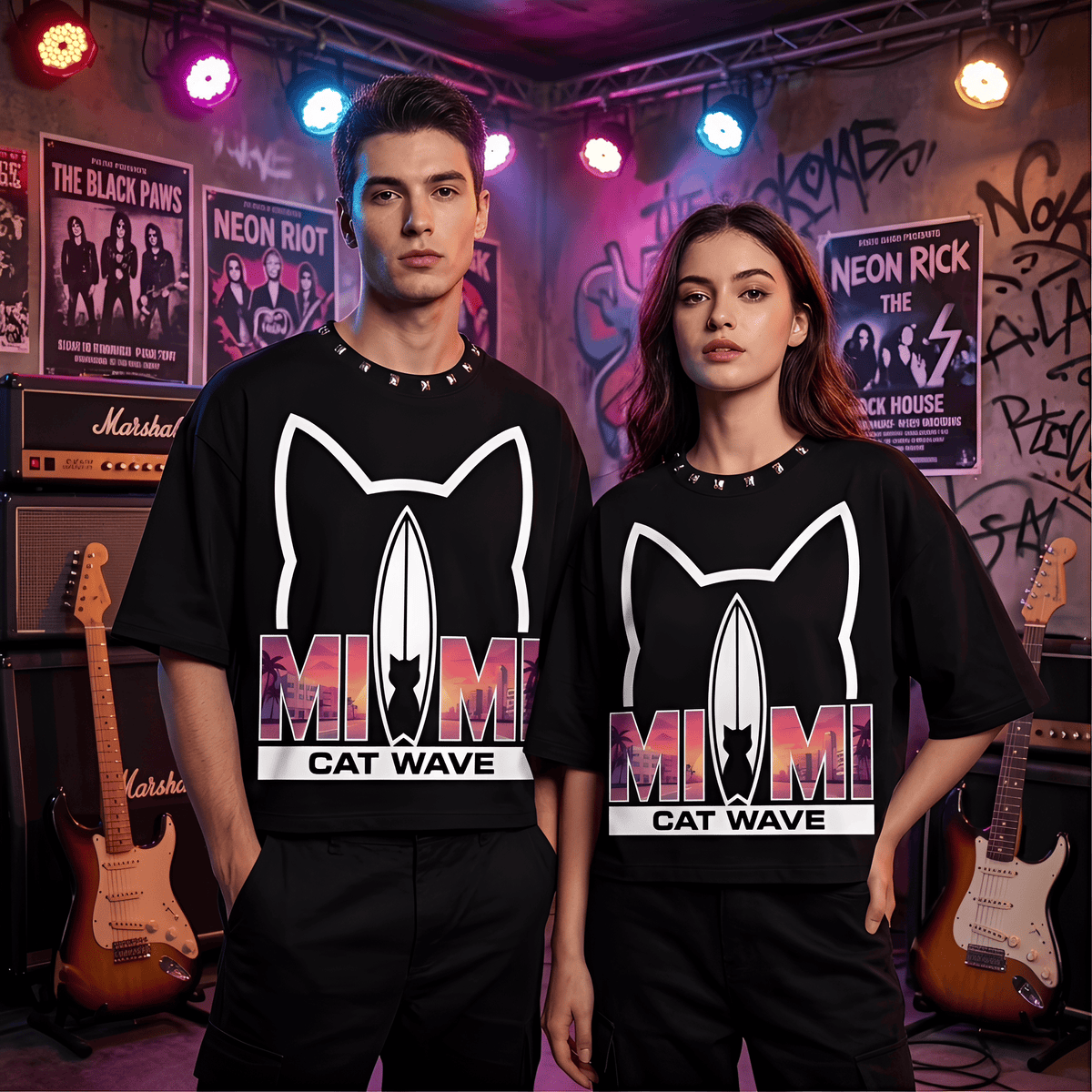 JEVPE Miami Cat Wave Surf oversized T-shirt featuring a graphic print with a Miami Beach streetwear style.