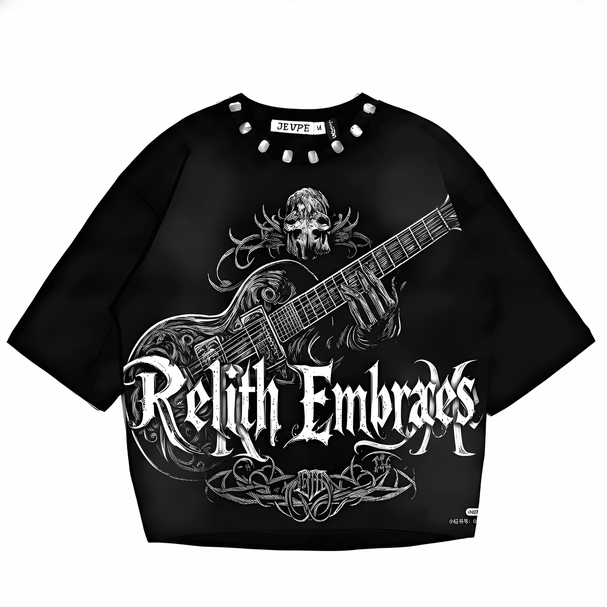 JEVPE Relith Embraces Skull Gothic oversized T-shirt featuring a rock-inspired skull and guitar design on black streetwear style.
