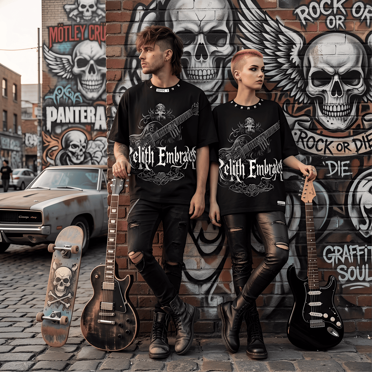 JEVPE Relith Embraces Skull Guitar Gothic oversized T-shirt with rock streetwear style, featuring a skull and guitar graphic design.