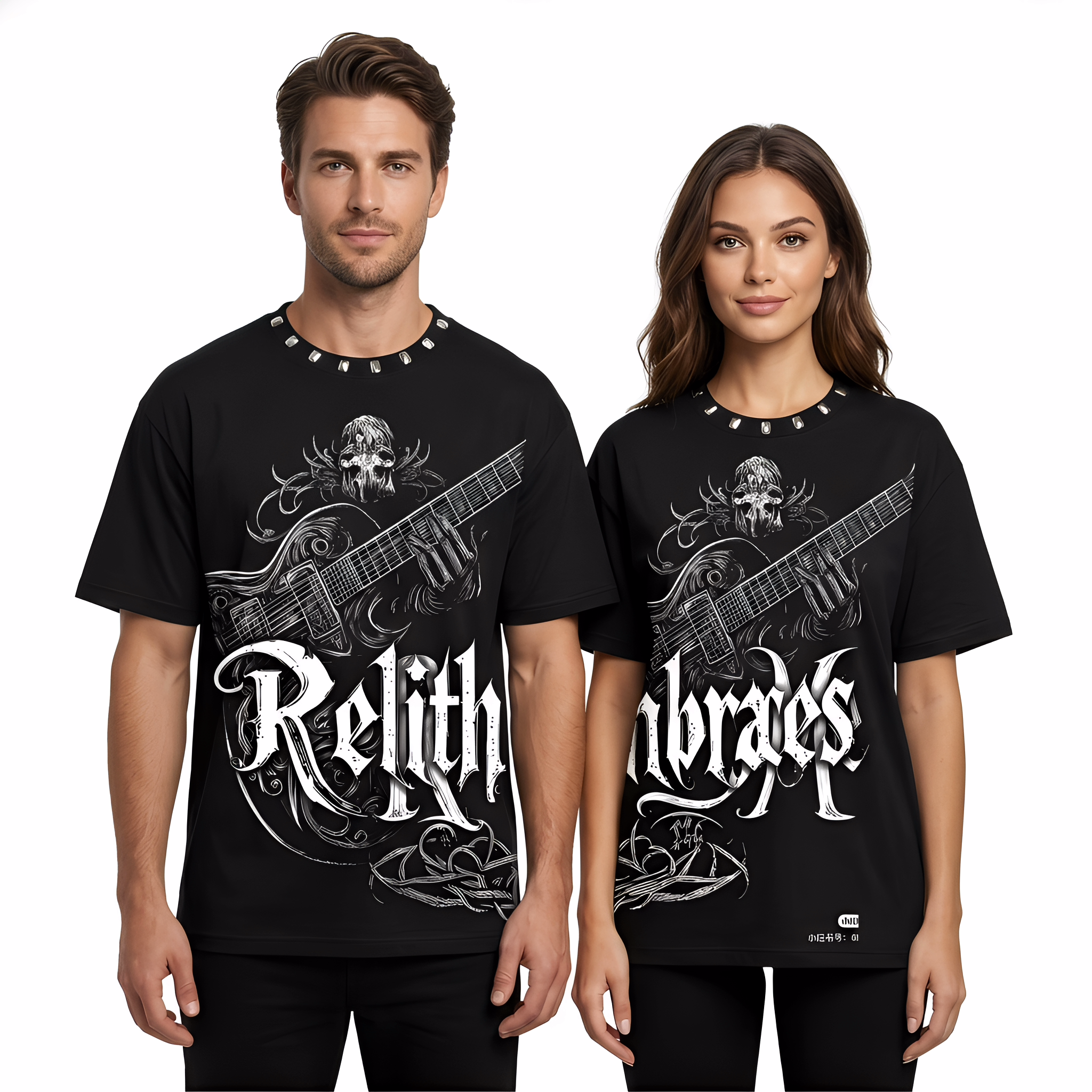 JEVPE Relith Embraces Skull Gothic oversized guitar T-shirt featuring a dark rock streetwear design with skull and guitar artwork.