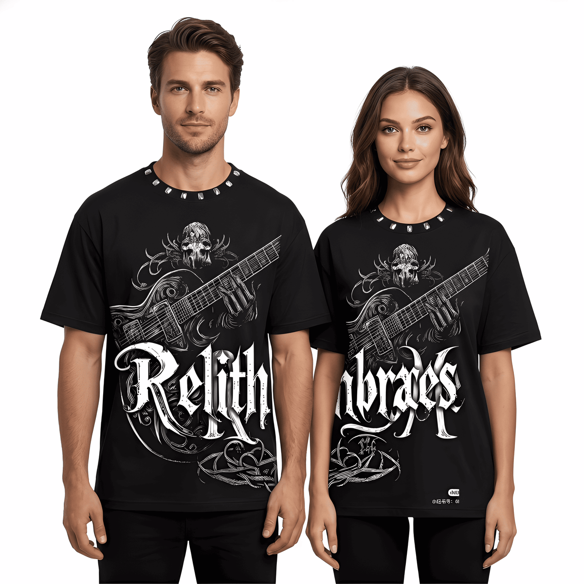 JEVPE Relith Embraces Skull Gothic oversized guitar T-shirt featuring a dark rock streetwear design with skull and guitar artwork.