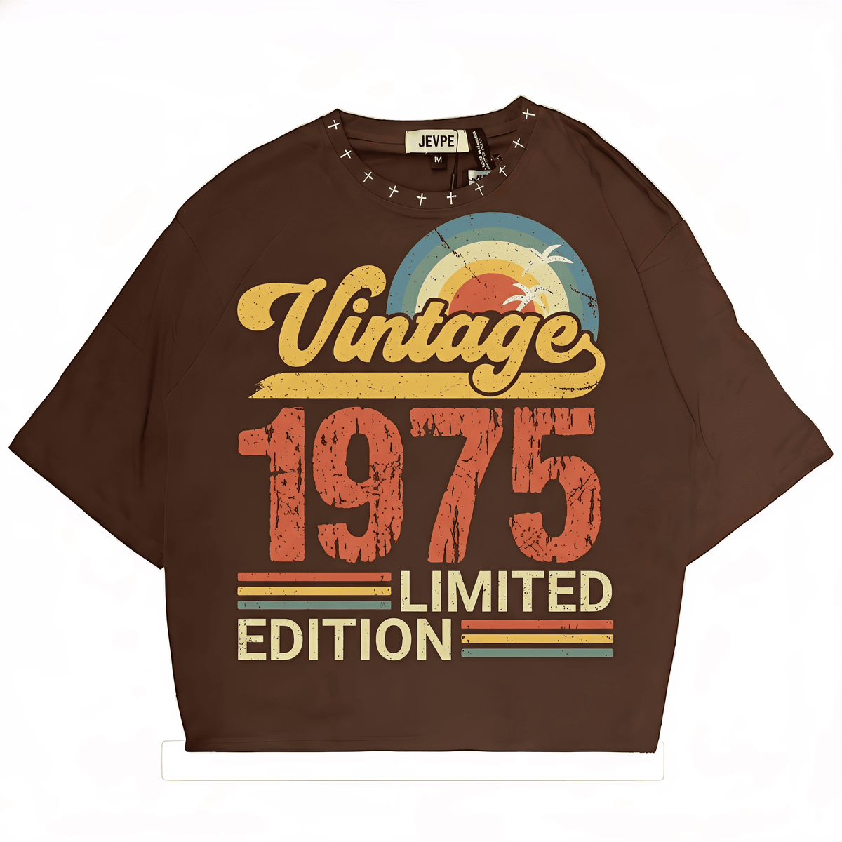 JEVPE vintage 1975 limited edition oversized graphic T-shirt with retro 70s streetwear style, featuring bold retro print on front.