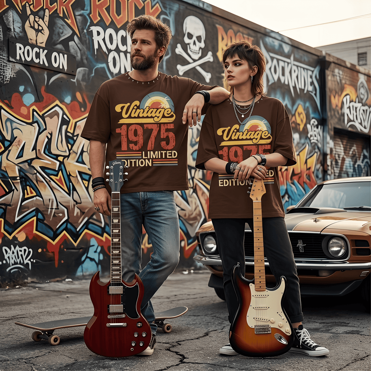 JEVPE vintage 1975 limited edition graphic oversized T-shirt with retro 70s streetwear style, featuring bold vibrant print on cotton fabric.